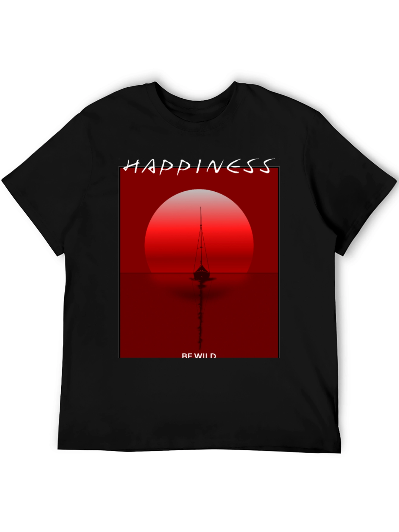 Camiseta Negra con Diseño de Atardecer y Barco
