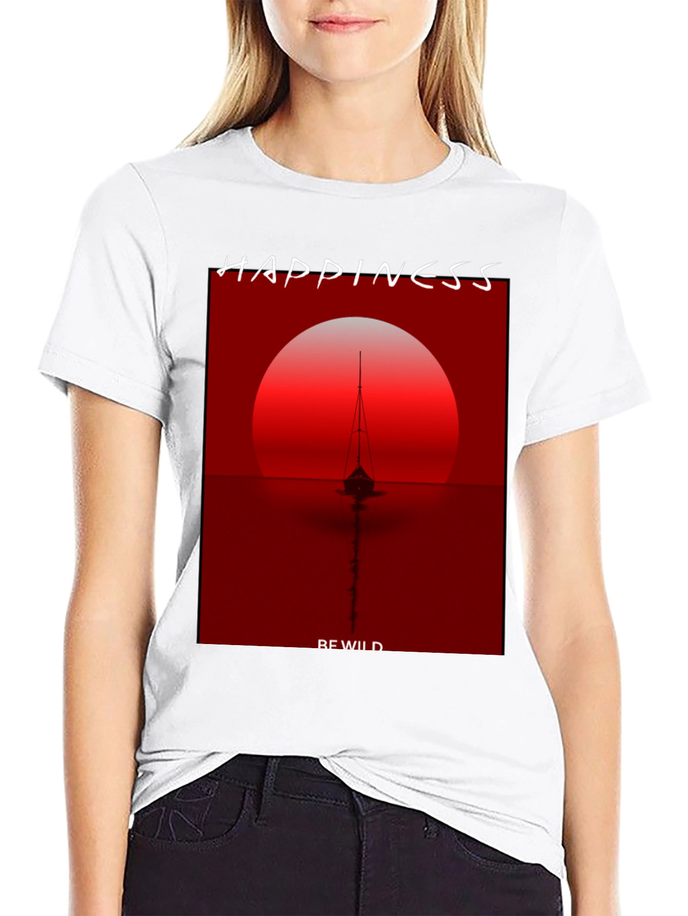 Camiseta Negra con Diseño de Atardecer y Barco