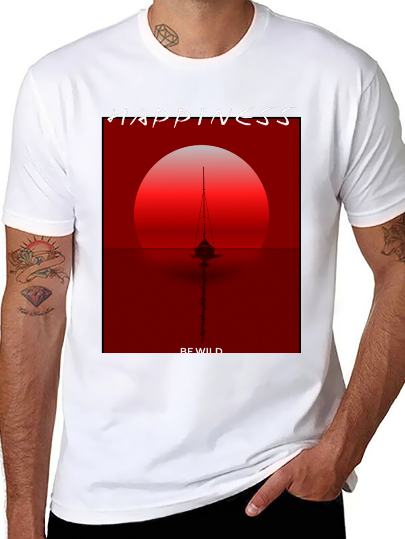 Camiseta Negra con Diseño de Atardecer y Barco