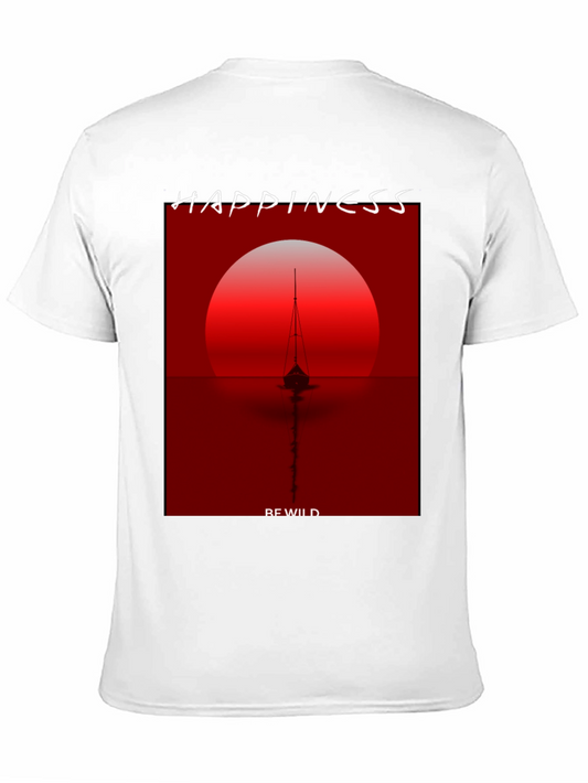 Camiseta Negra con Diseño de Atardecer y Barco