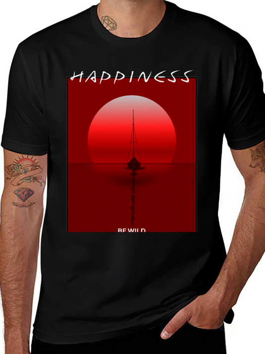 Camiseta Negra con Diseño de Atardecer y Barco