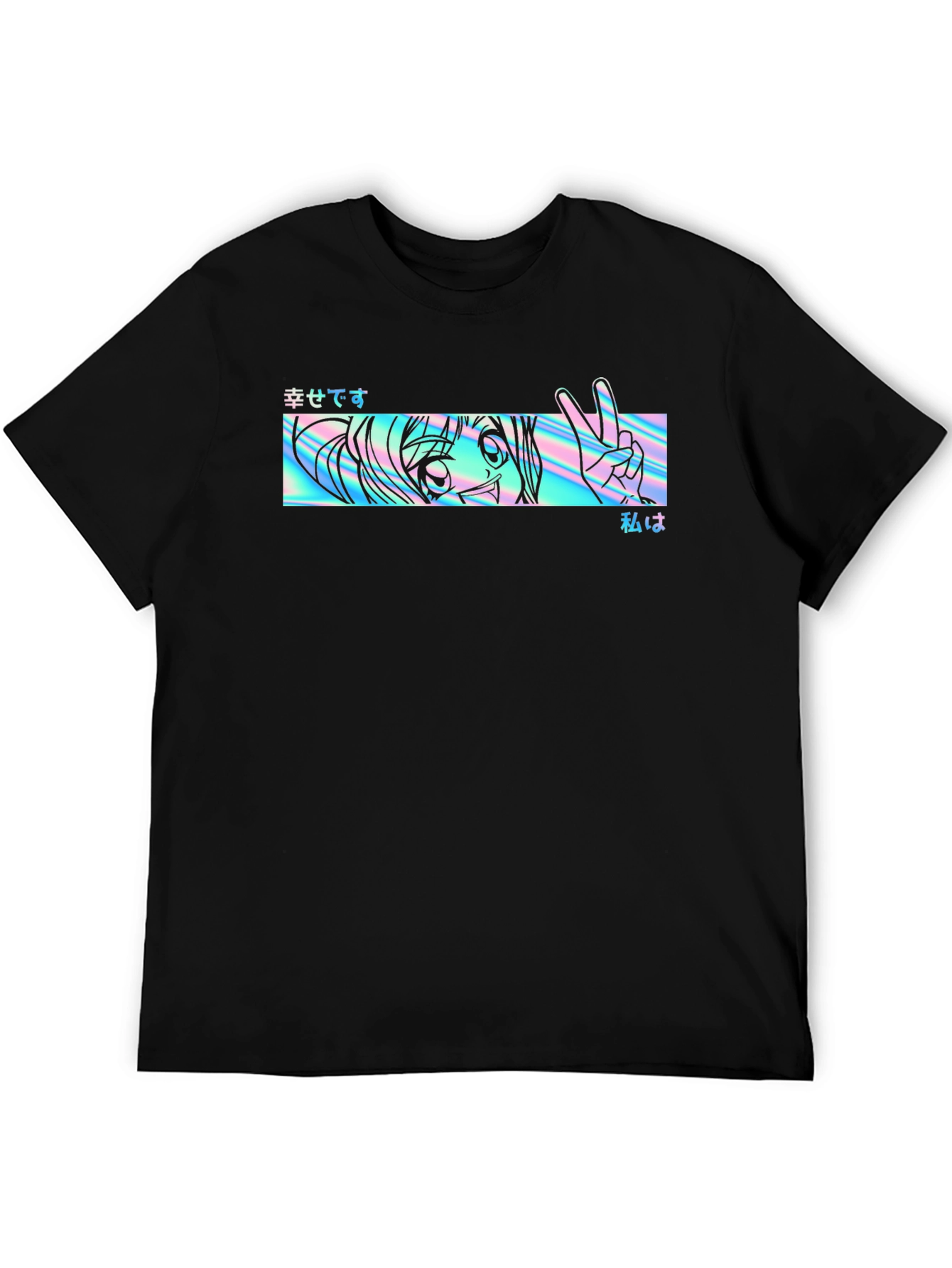 Camiseta Negra con Diseño Anime Holográfico