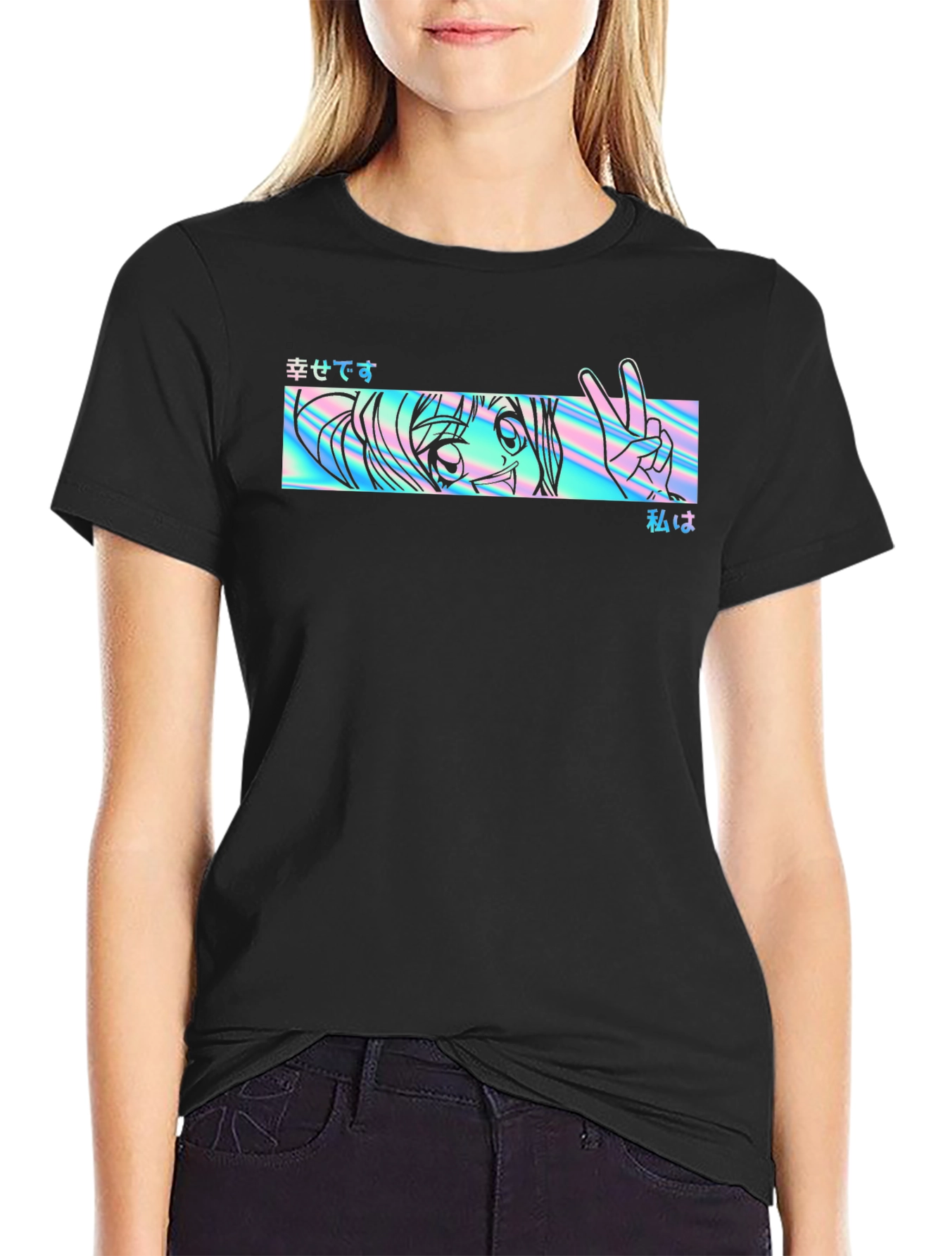 Camiseta Negra con Diseño Anime Holográfico