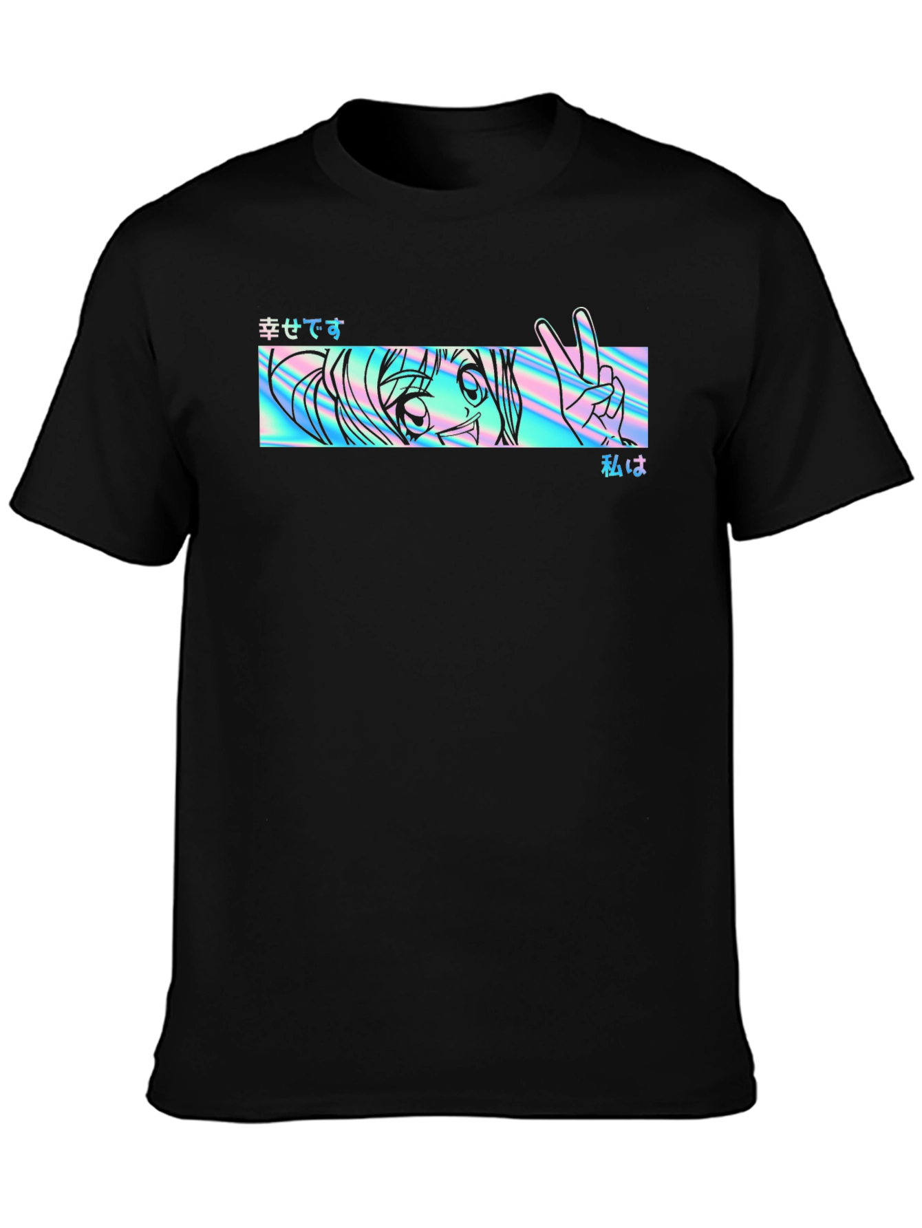 Camiseta Negra con Diseño Anime Holográfico