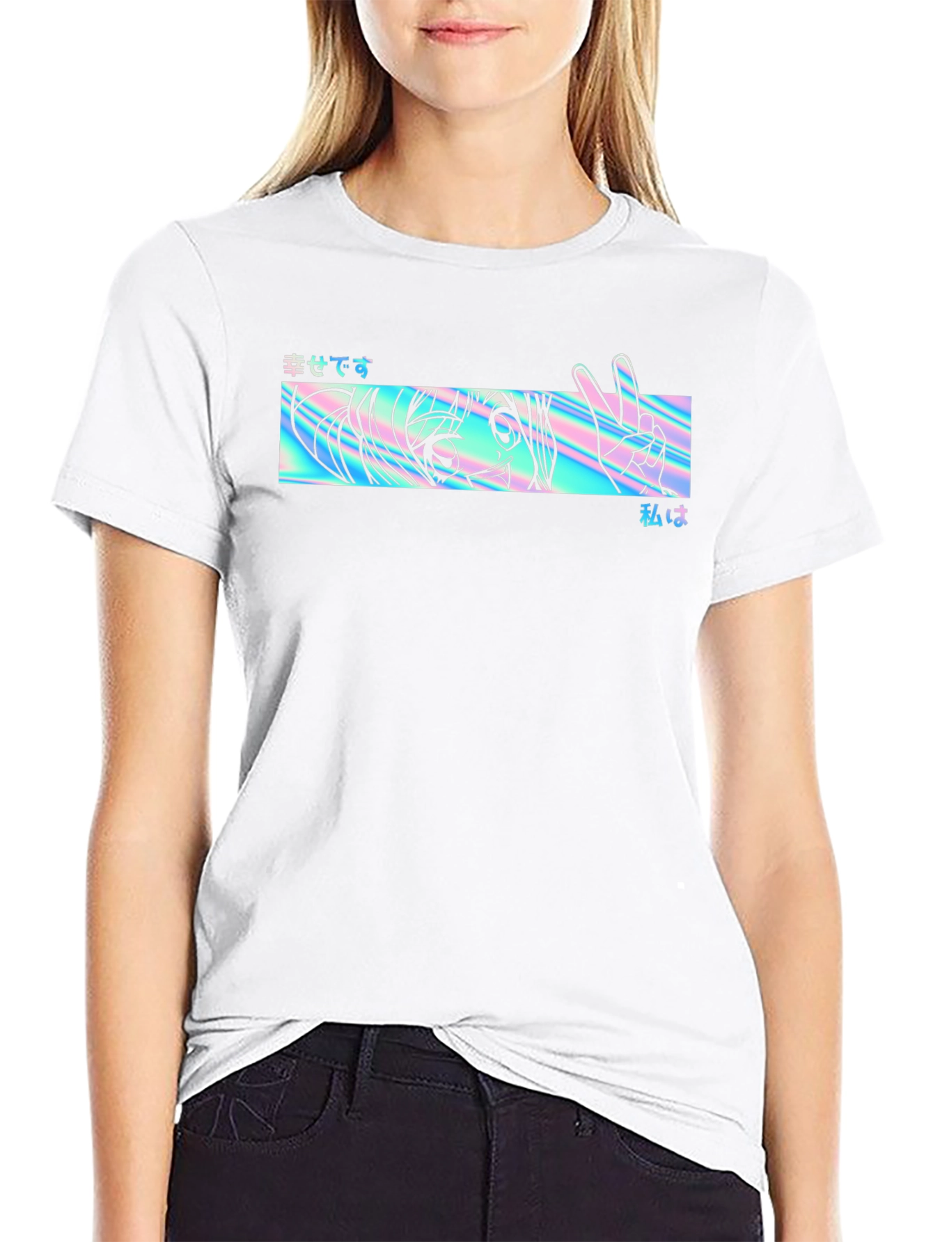 Camiseta Negra con Diseño Anime Holográfico