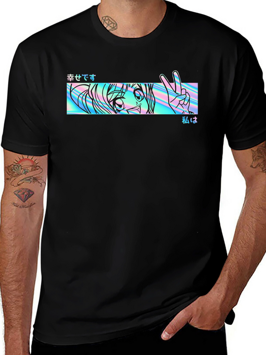 Camiseta Negra con Diseño Anime Holográfico