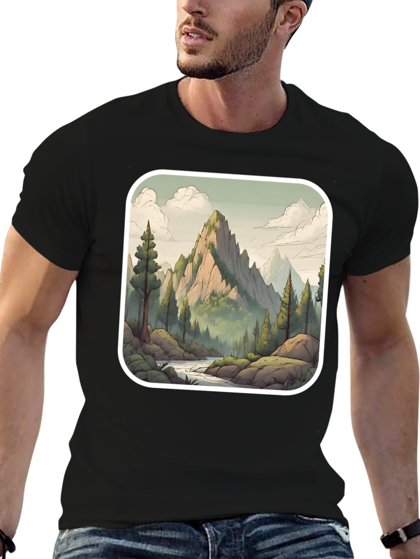 Camiseta Negra con Diseño de Montaña Escénica
