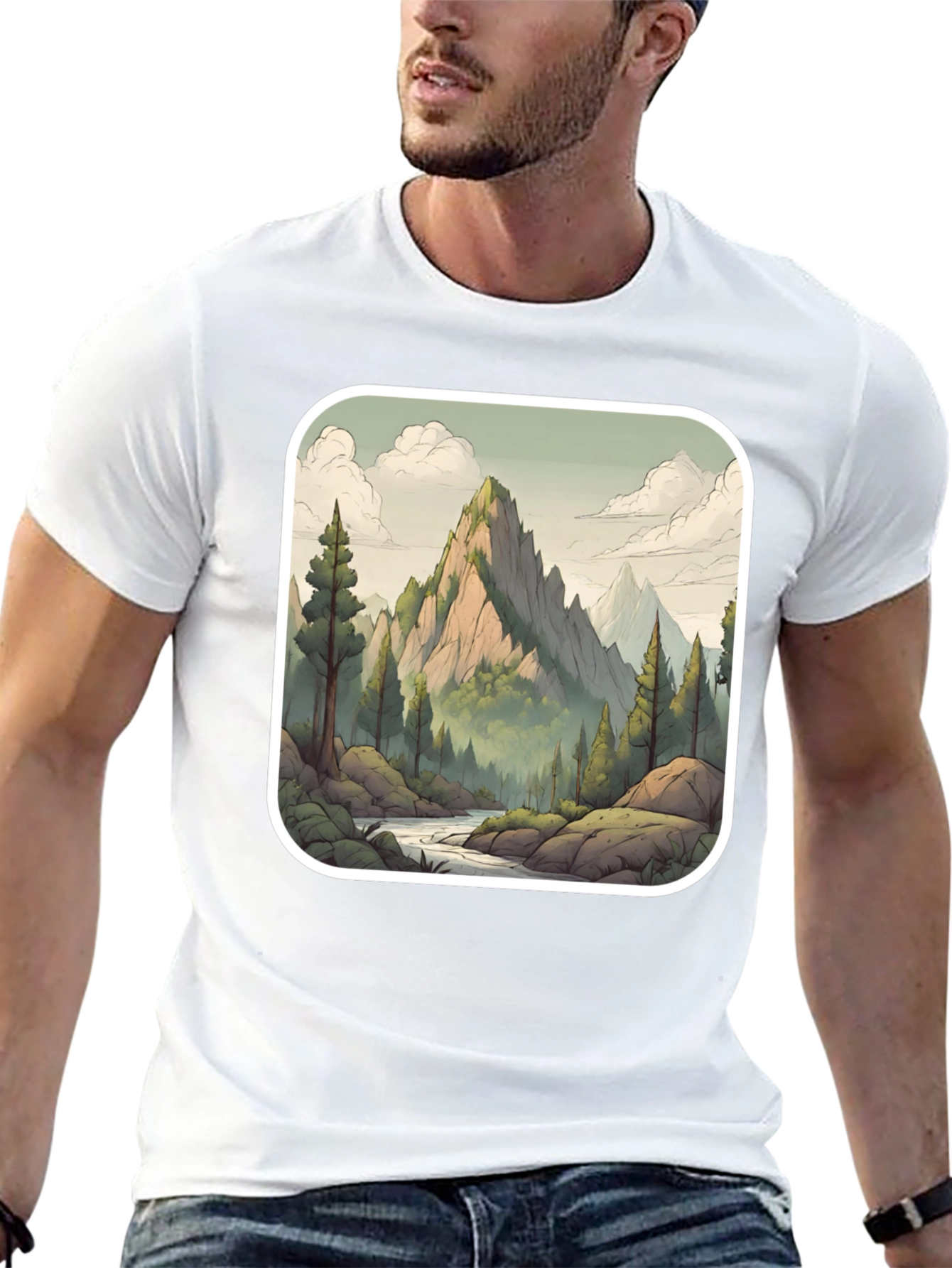 Camiseta Negra con Diseño de Montaña Escénica