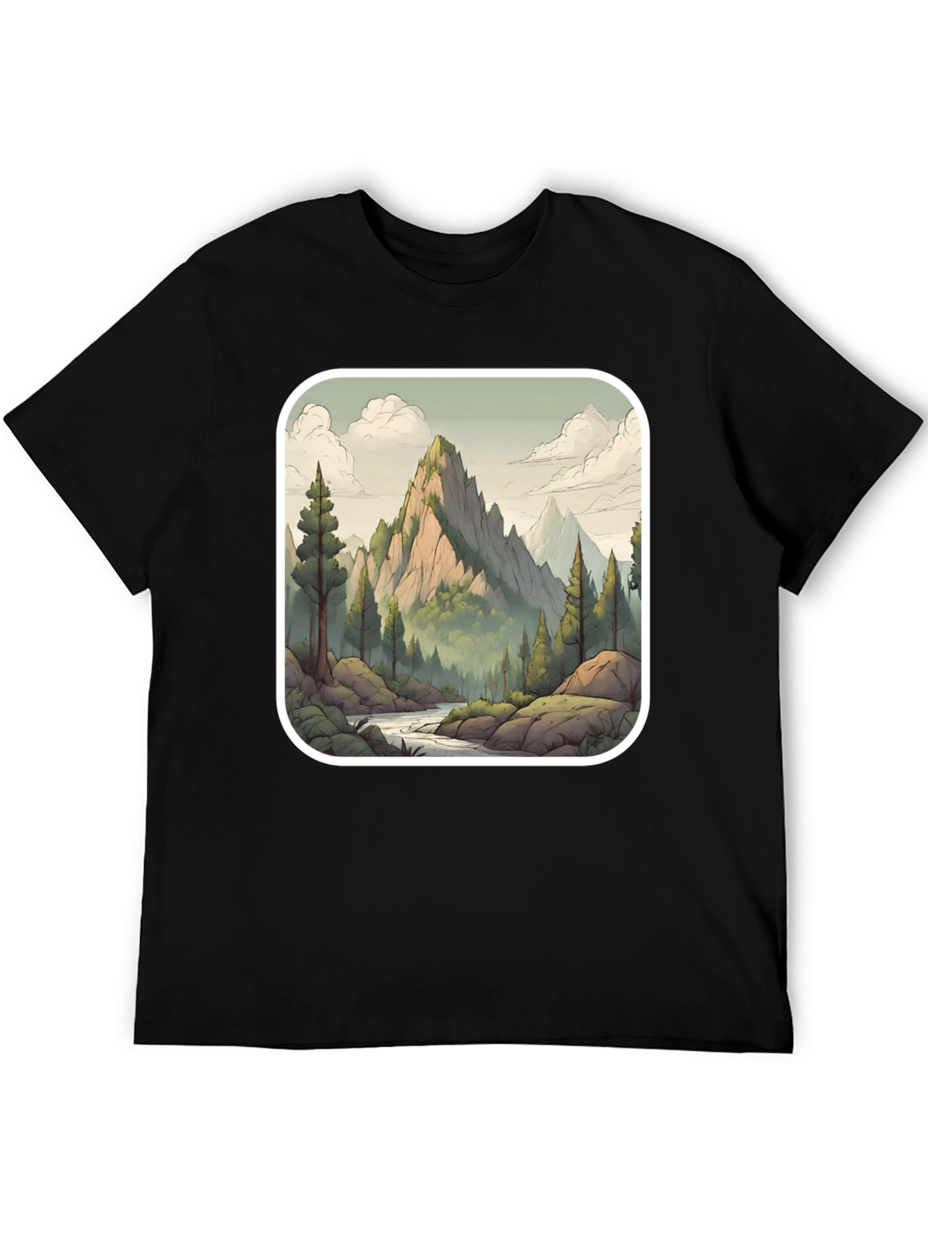 Camiseta Negra con Diseño de Montaña Escénica
