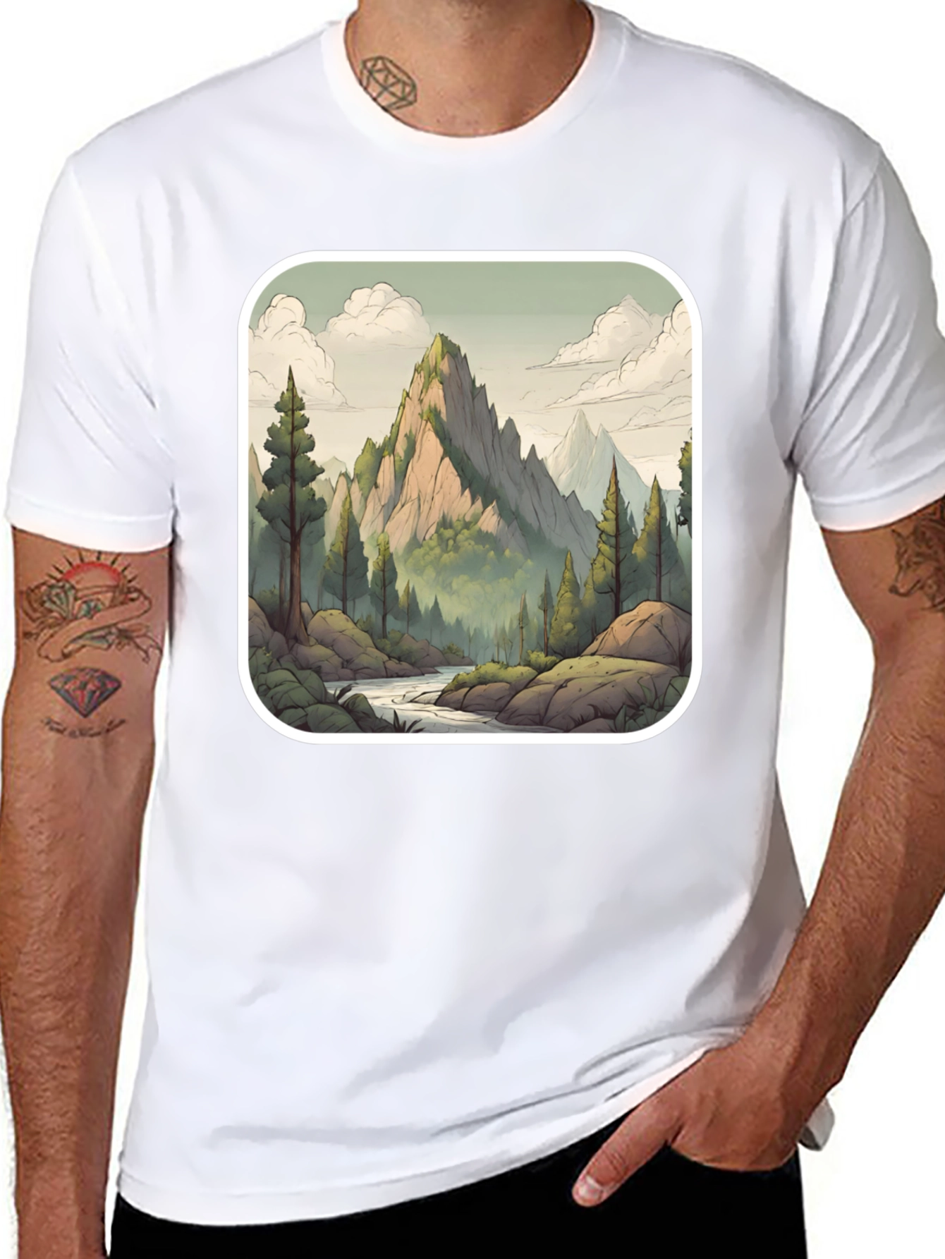 Camiseta Negra con Diseño de Montaña Escénica