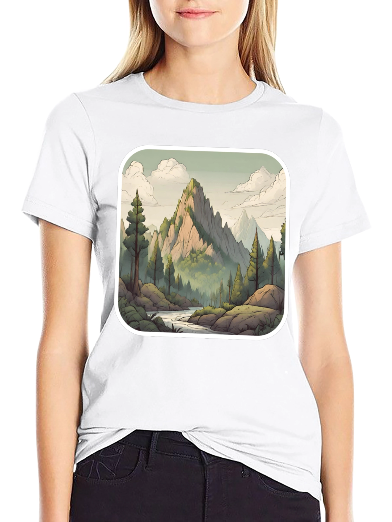 Camiseta Negra con Diseño de Montaña Escénica