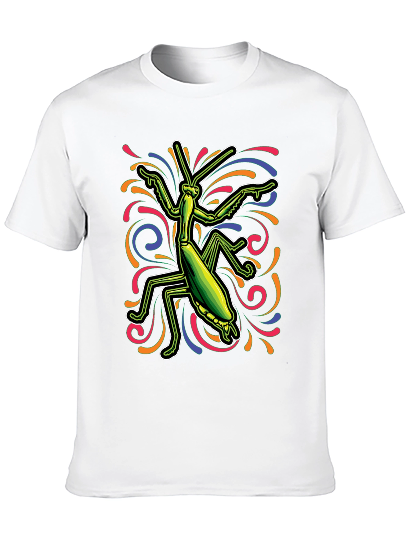 Camiseta Negra con Diseño de Mantis Religiosa Psicodélica