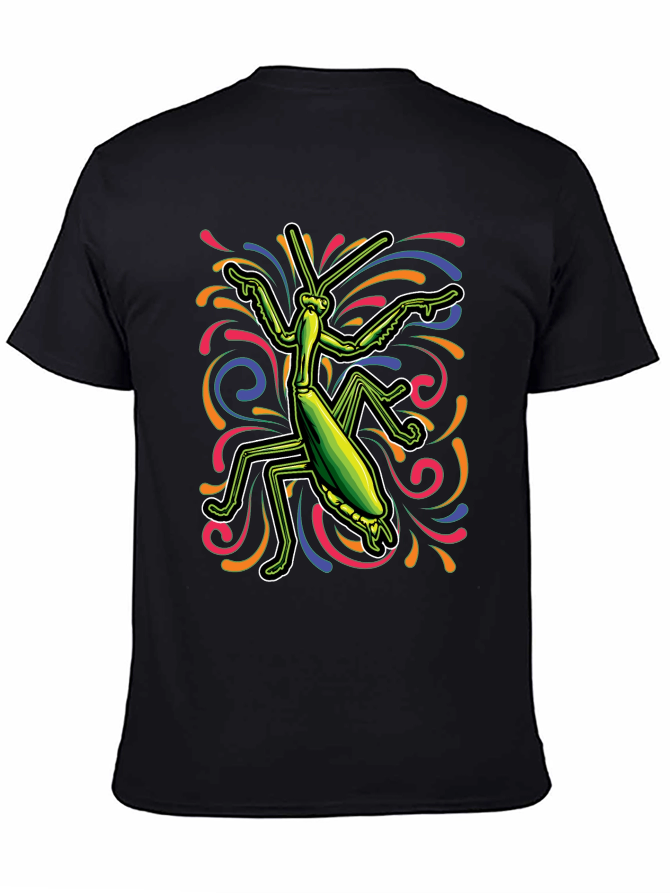 Camiseta Negra con Diseño de Mantis Religiosa Psicodélica