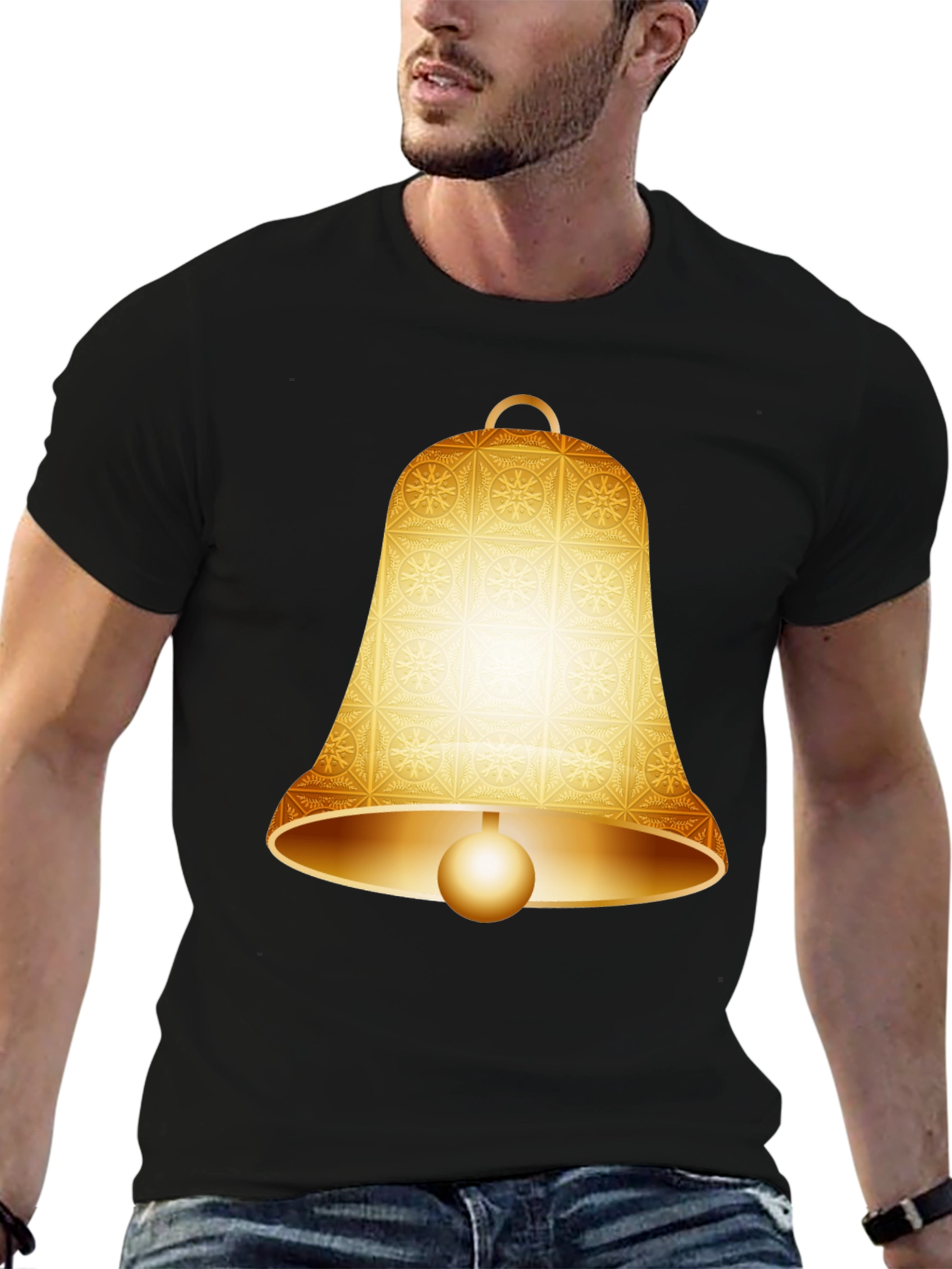 Camiseta Negra con Diseño de Campana Dorada