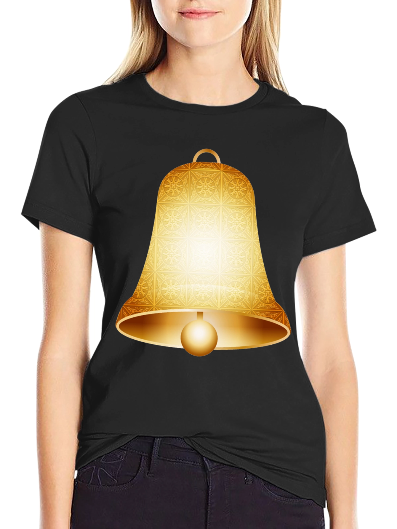 Camiseta Negra con Diseño de Campana Dorada