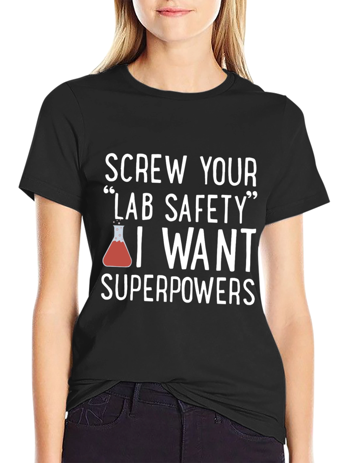 Camiseta Negra con Humor Científico Superpoderes