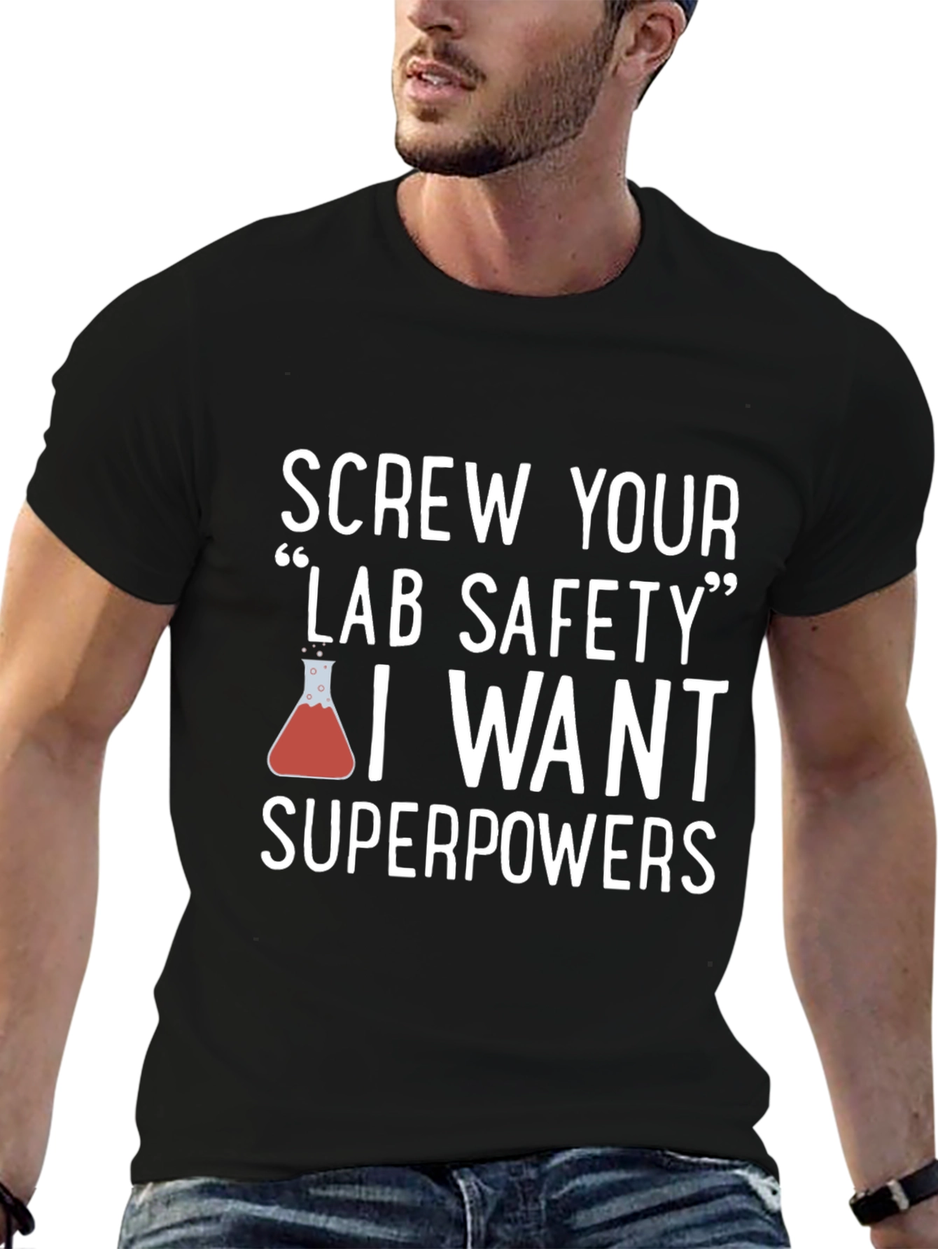 Camiseta Negra con Humor Científico Superpoderes