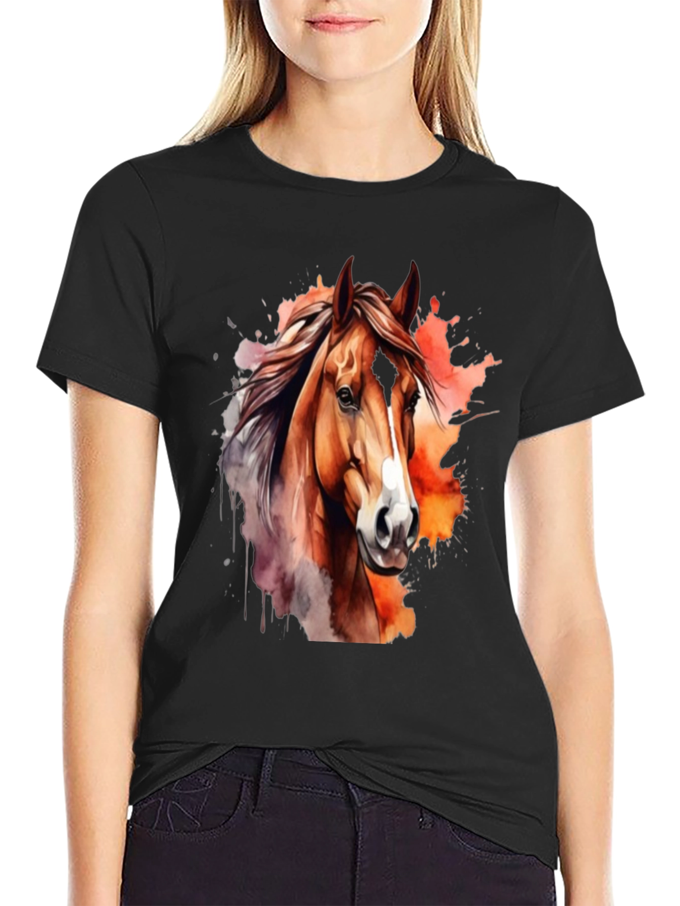 Camiseta Negra con Diseño de Caballo Acuarela