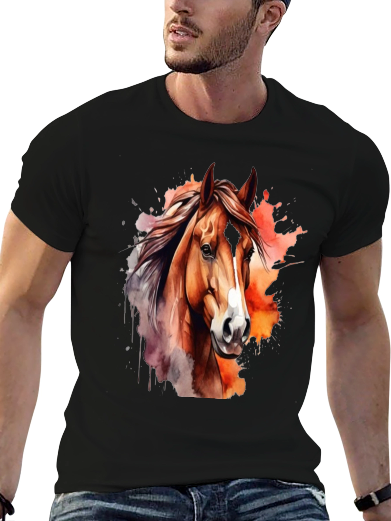 Camiseta Negra con Diseño de Caballo Acuarela