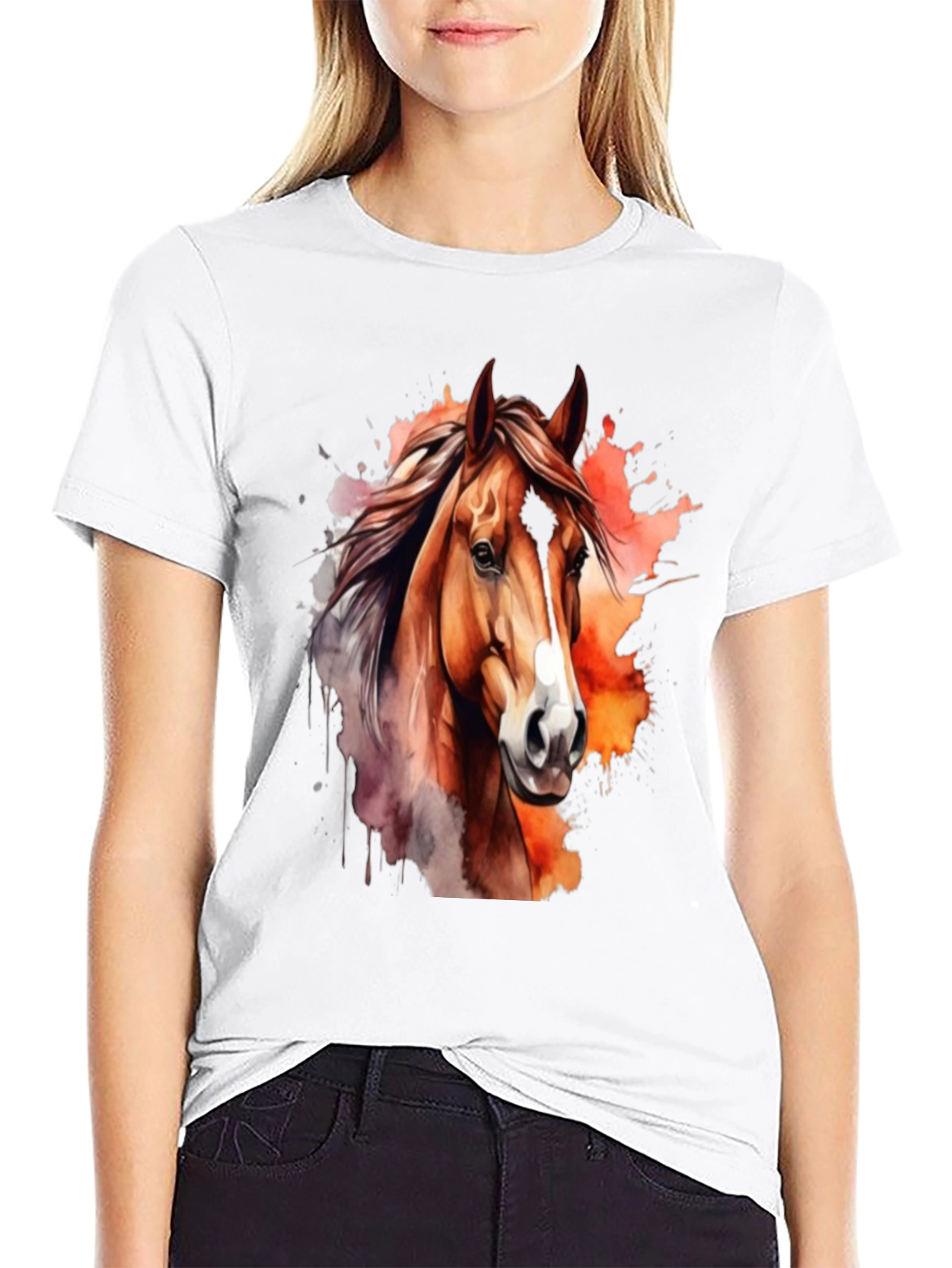 Camiseta Negra con Diseño de Caballo Acuarela