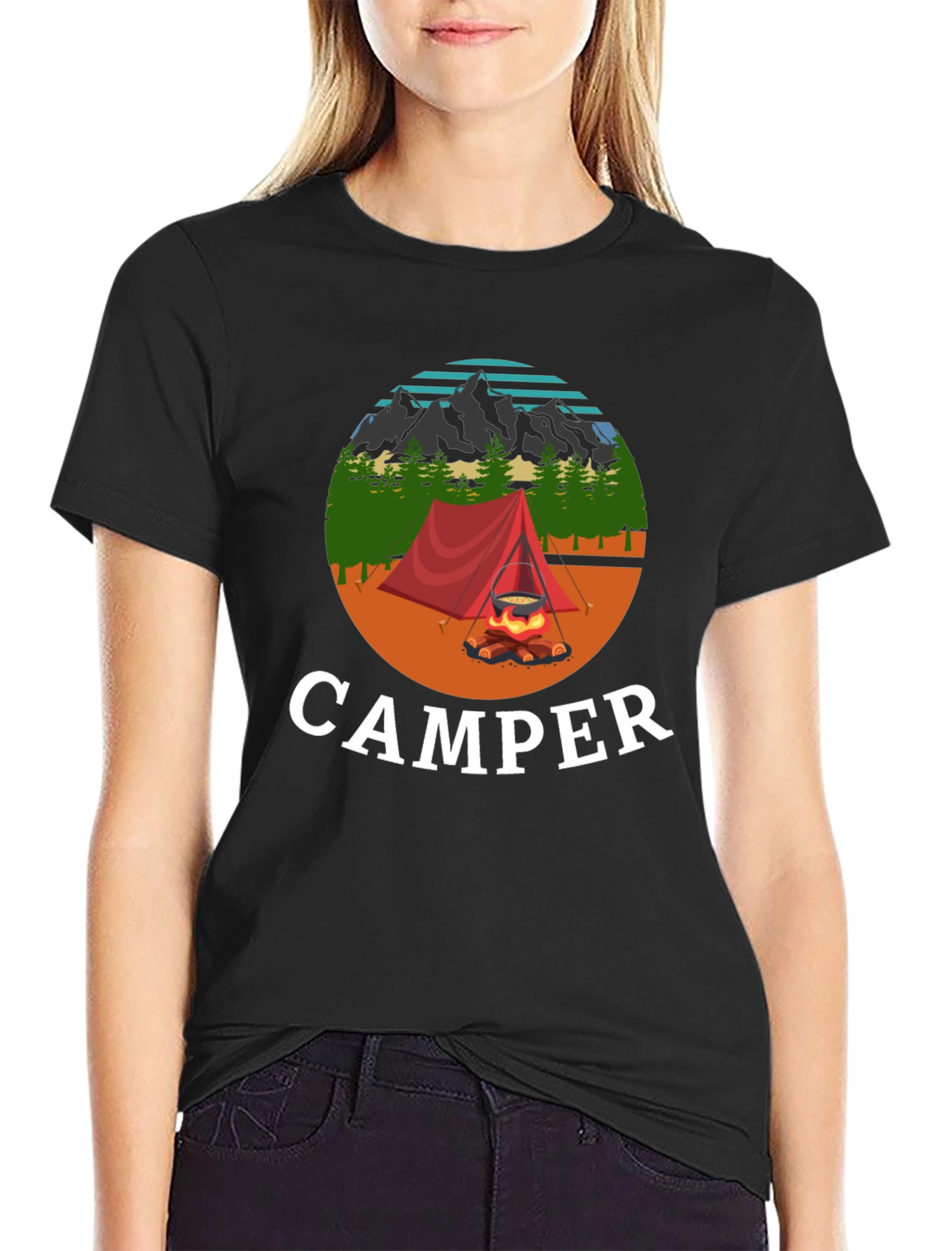 Camiseta Negra con Diseño de Camping para Hombre