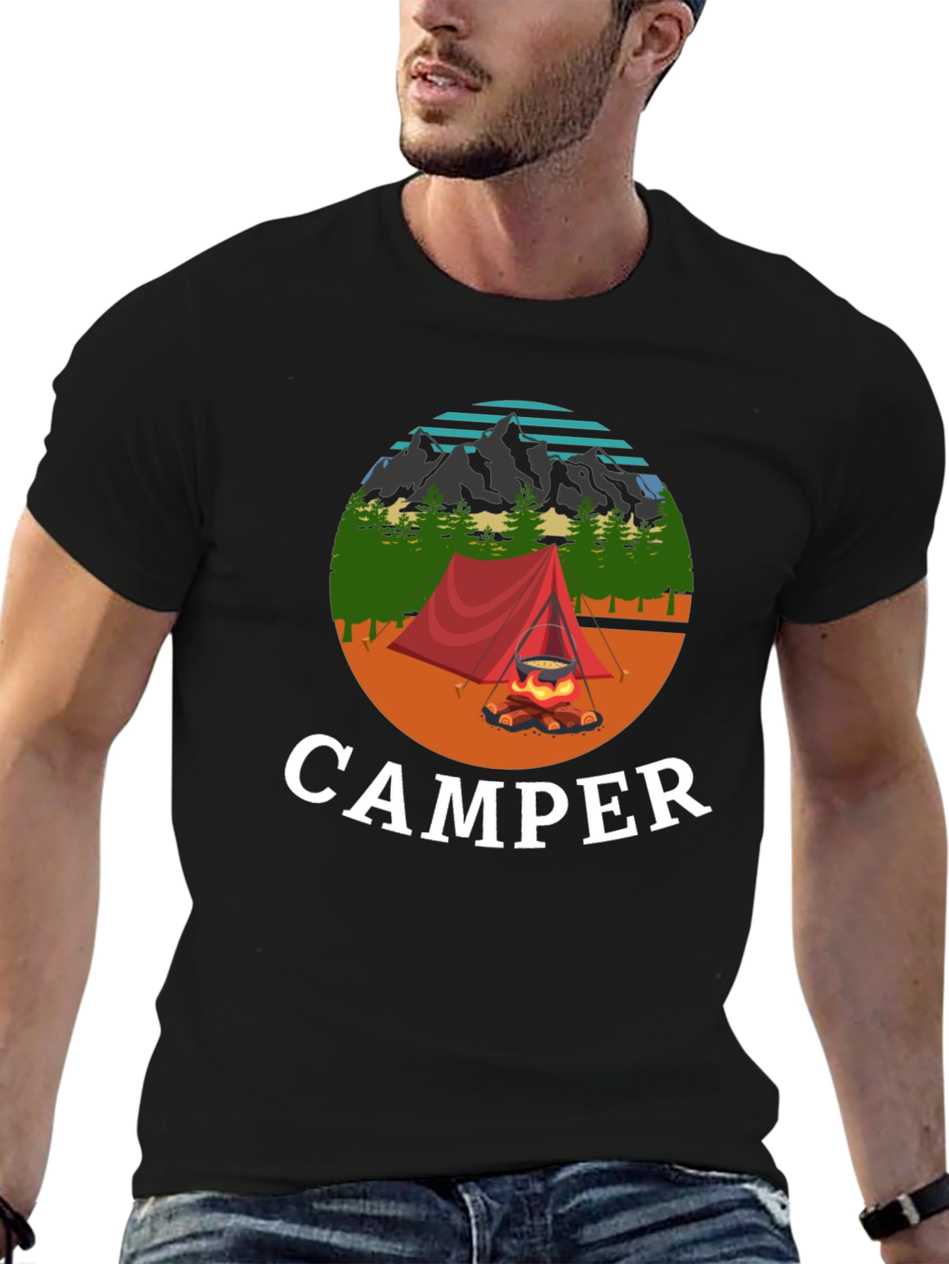 Camiseta Negra con Diseño de Camping para Hombre