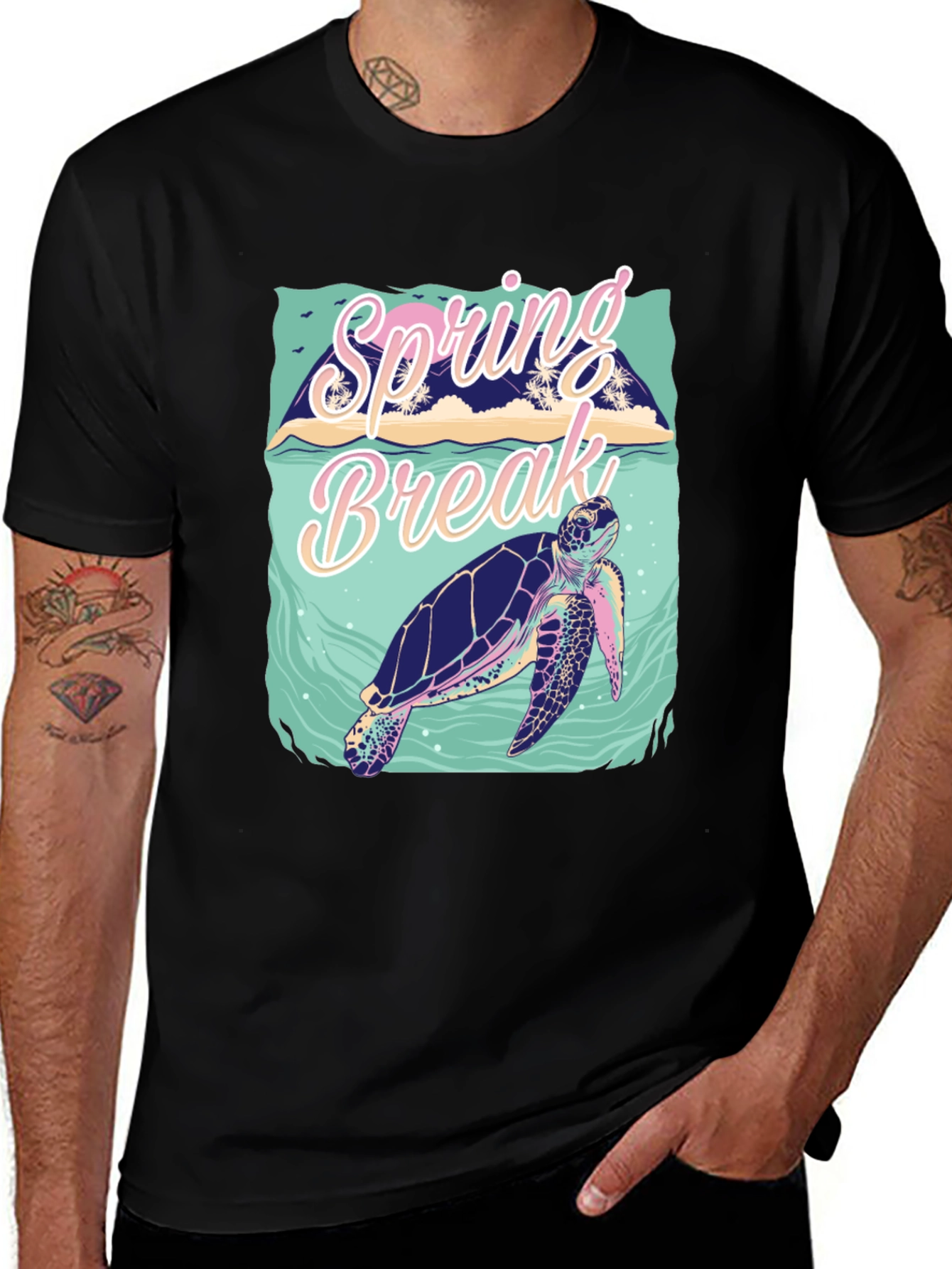 Camiseta Negra Estampada Spring Break Tortuga Marina