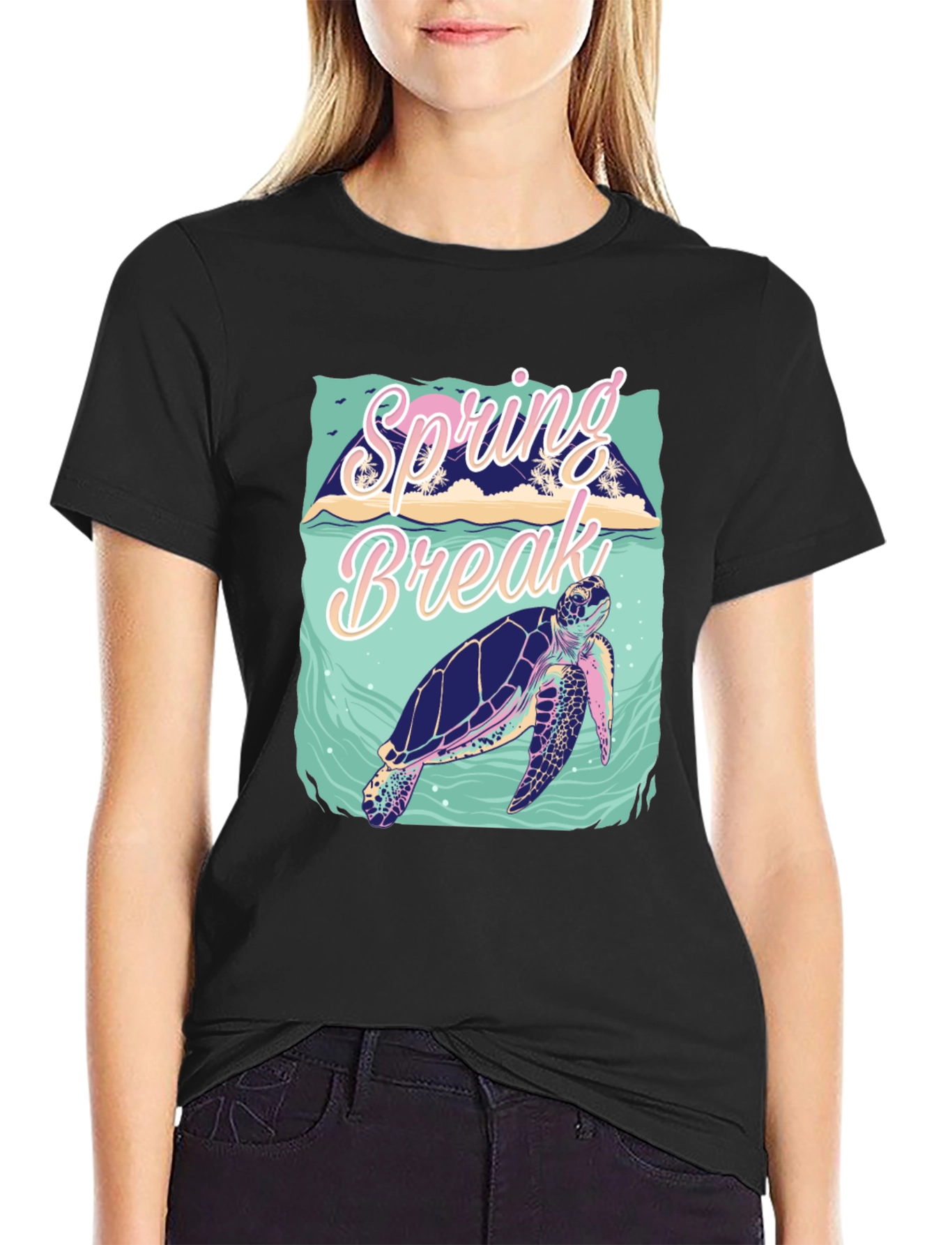 Camiseta Negra Estampada Spring Break Tortuga Marina