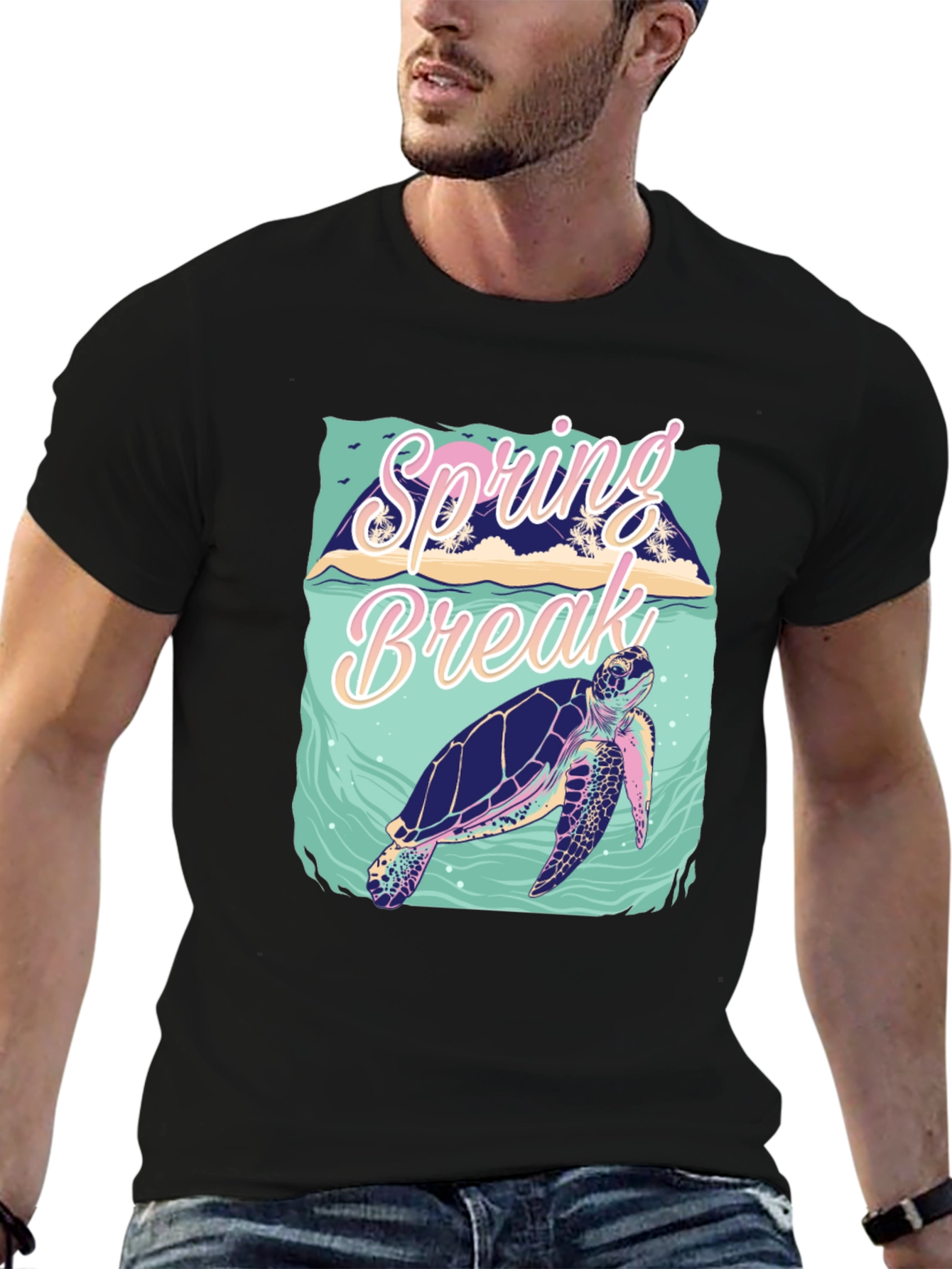 Camiseta Negra Estampada Spring Break Tortuga Marina