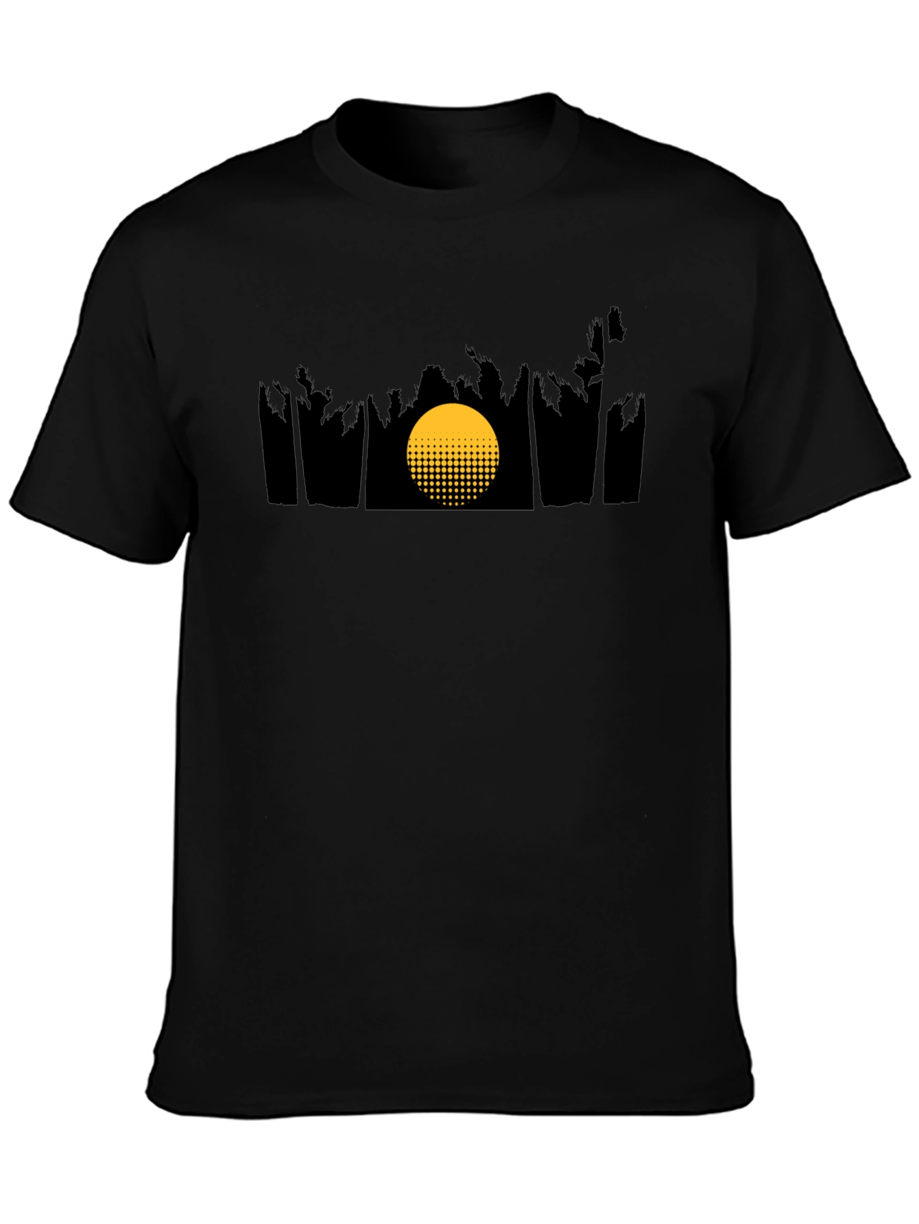 Camiseta Negra con Diseño de Atardecer Tropical