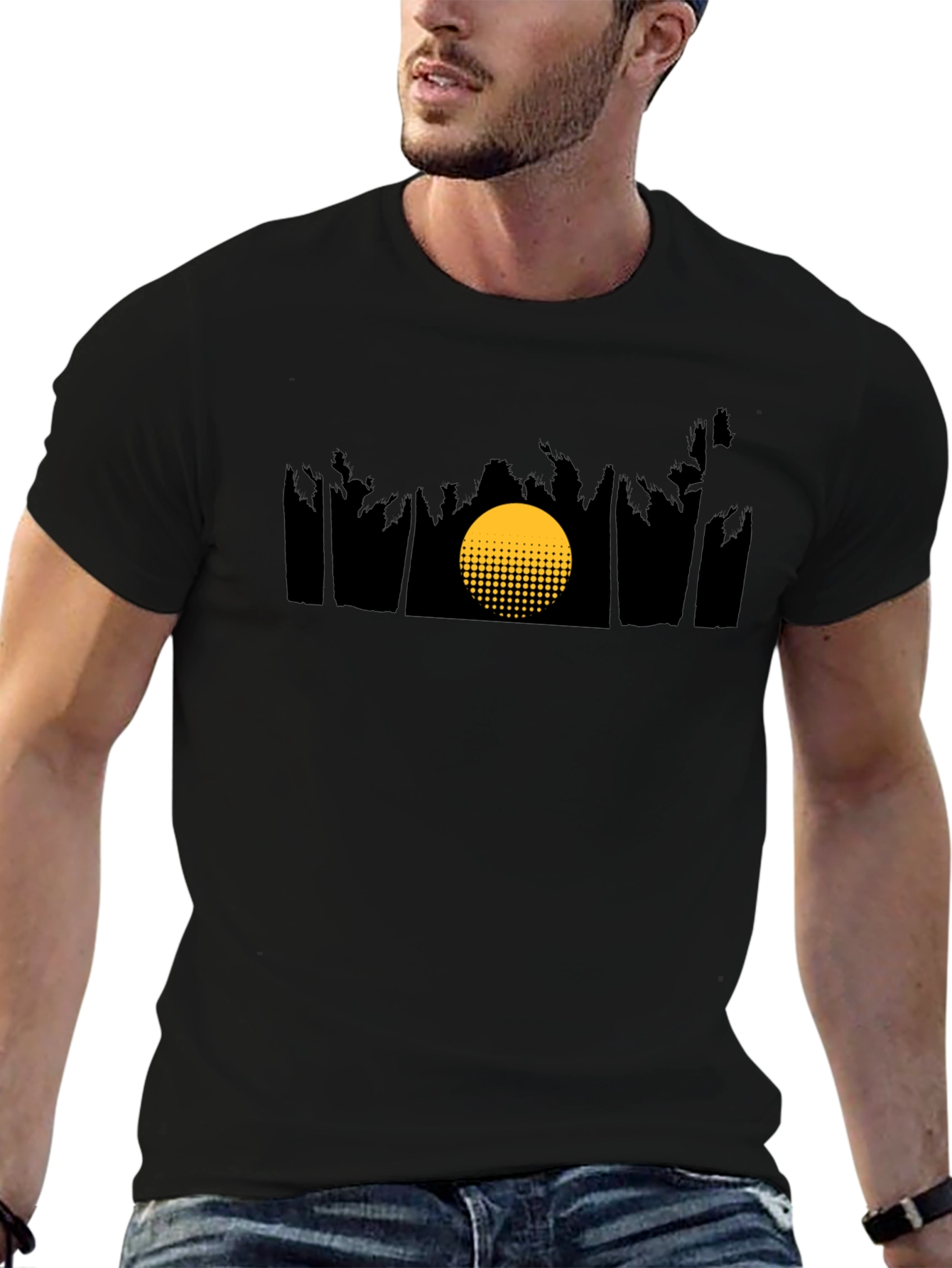 Camiseta Negra con Diseño de Atardecer Tropical