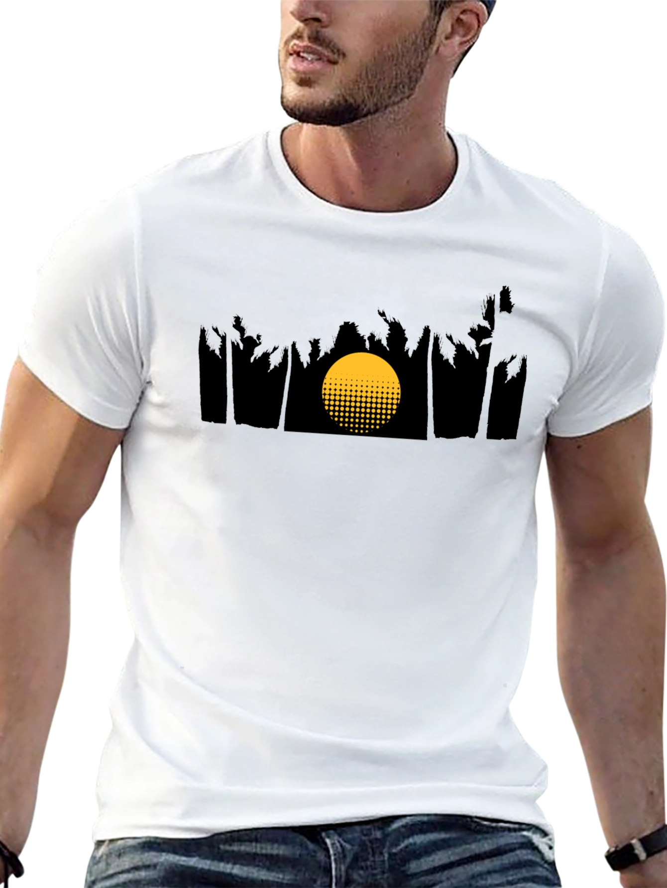 Camiseta Negra con Diseño de Atardecer Tropical