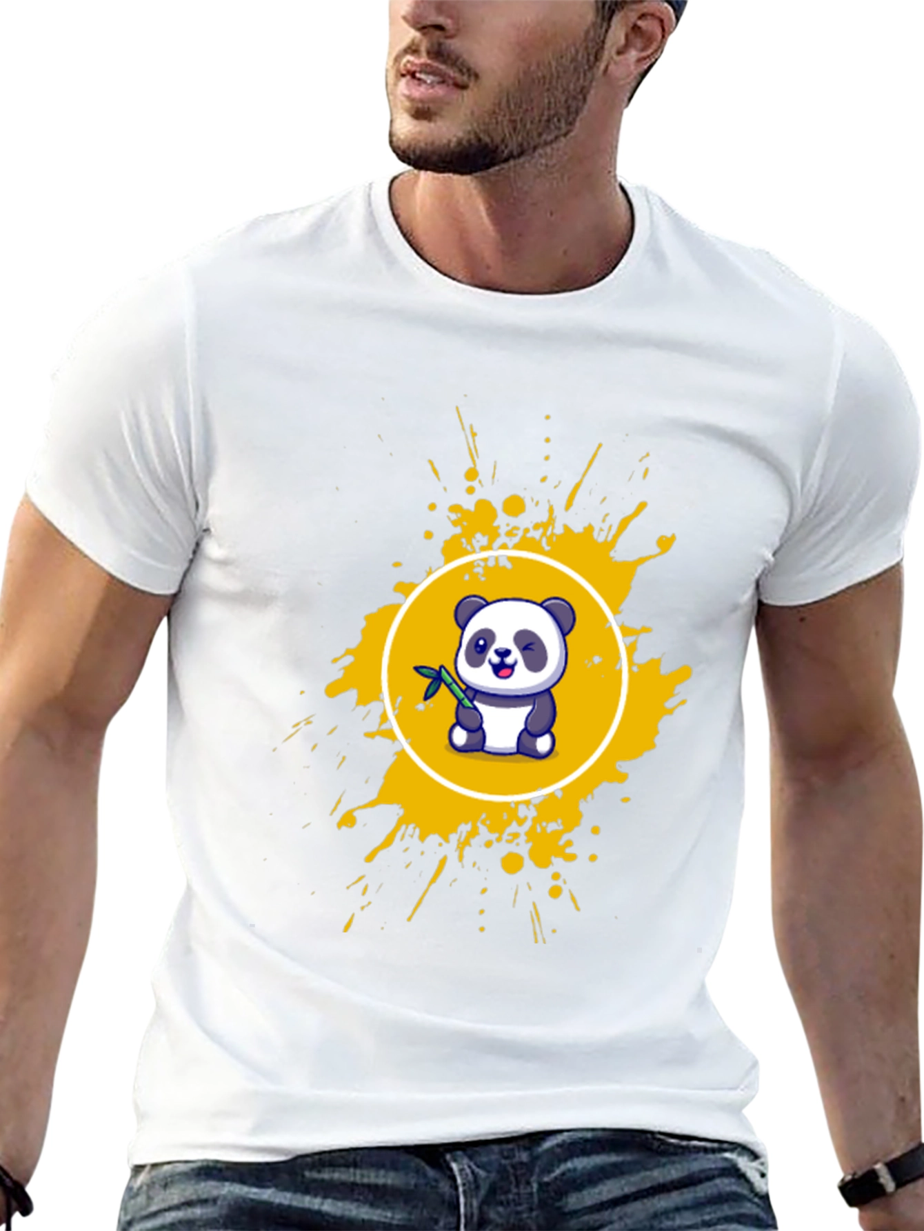 Camiseta Negra con Panda y Salpicaduras Amarillas