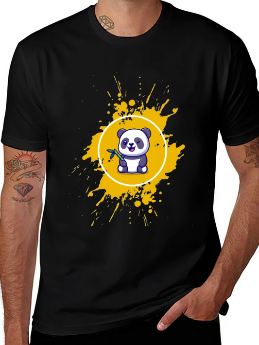Camiseta Negra con Panda y Salpicaduras Amarillas
