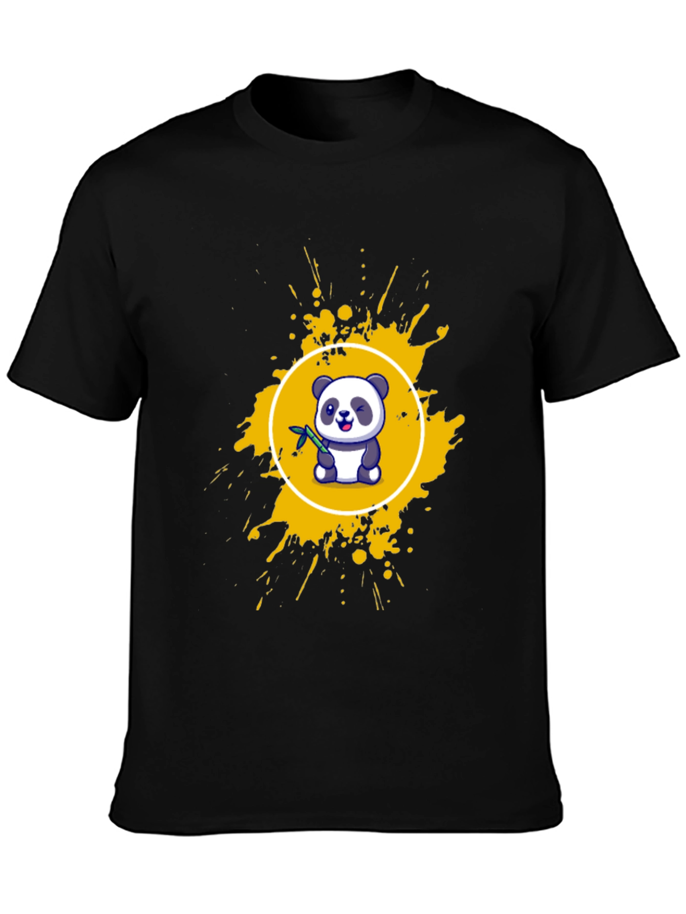 Camiseta Negra con Panda y Salpicaduras Amarillas