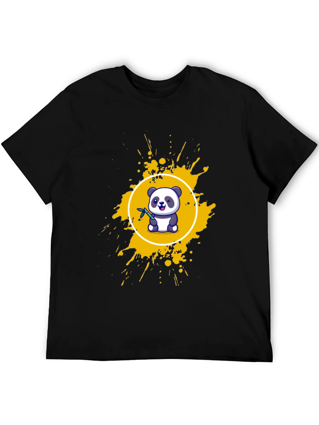 Camiseta Negra con Panda y Salpicaduras Amarillas