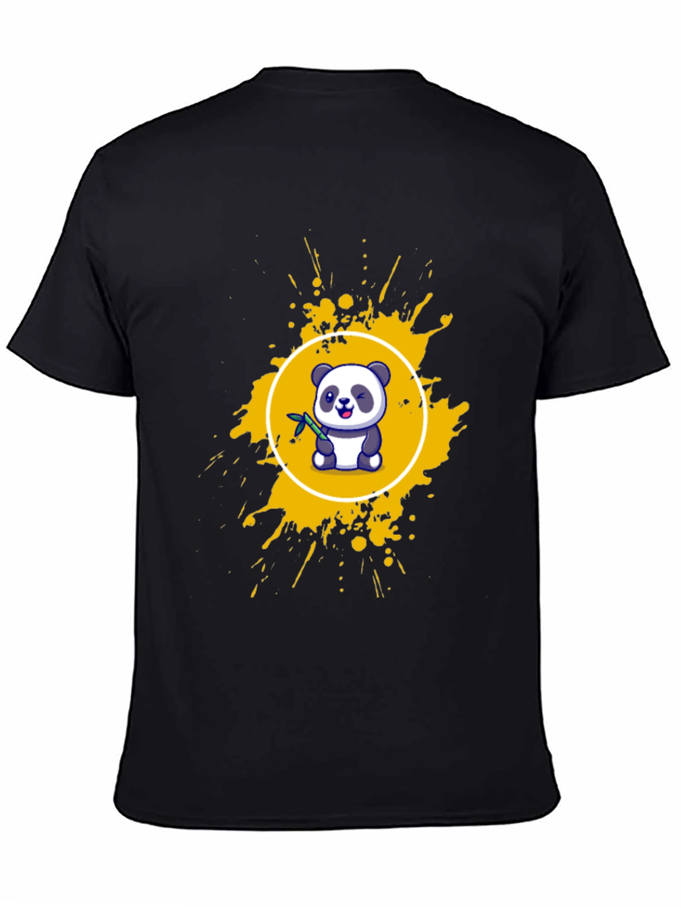 Camiseta Negra con Panda y Salpicaduras Amarillas