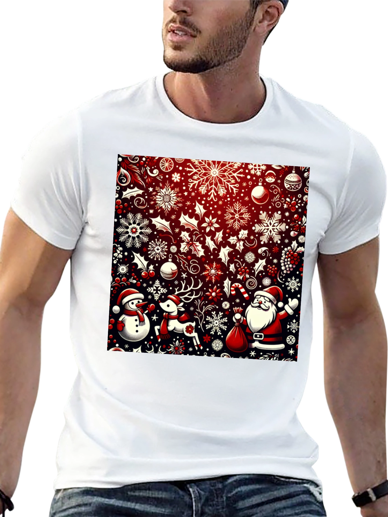 Camiseta Festiva Navideña: Santa Reno y Muñeco de Nieve