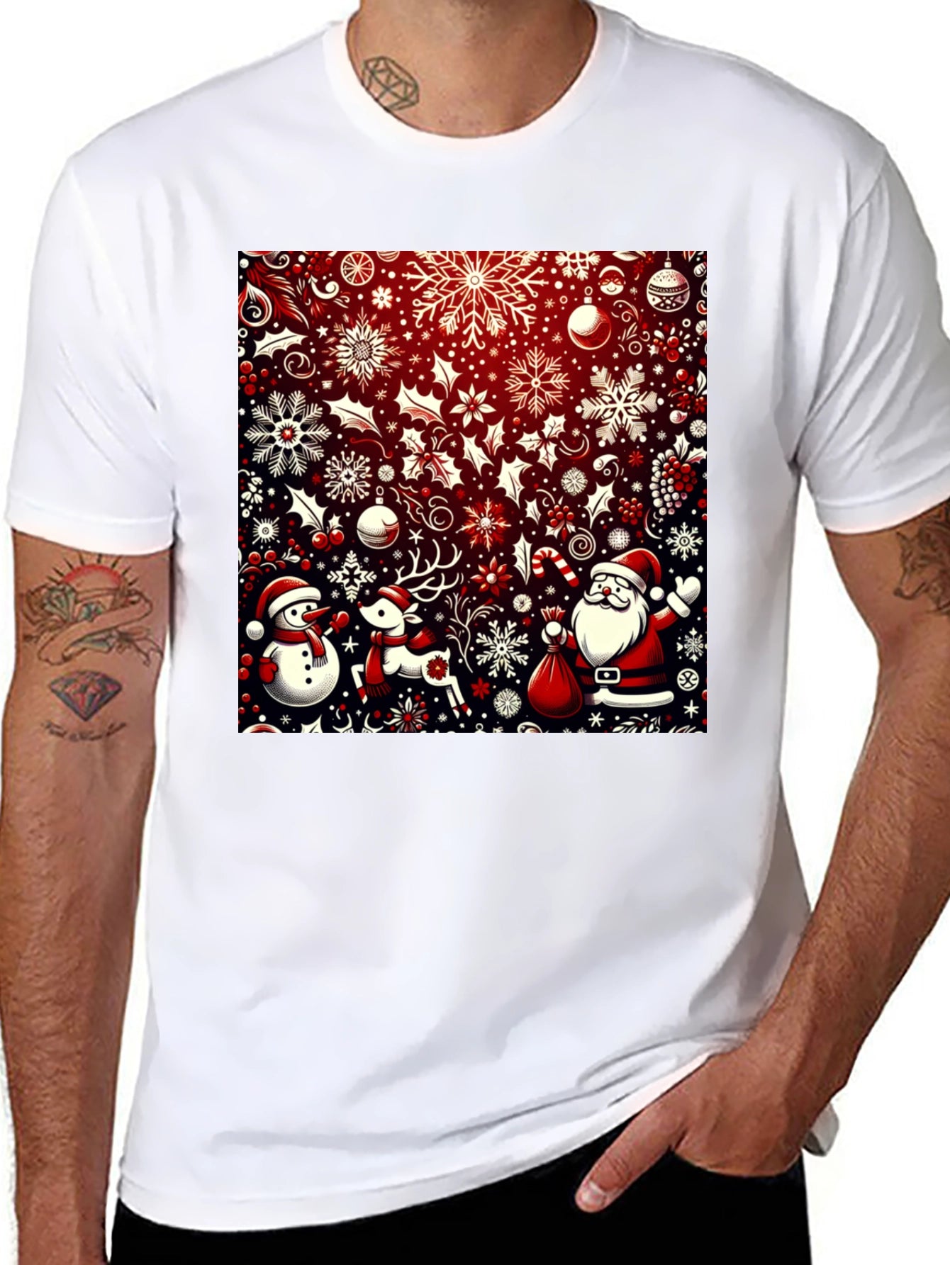 Camiseta Festiva Navideña: Santa Reno y Muñeco de Nieve