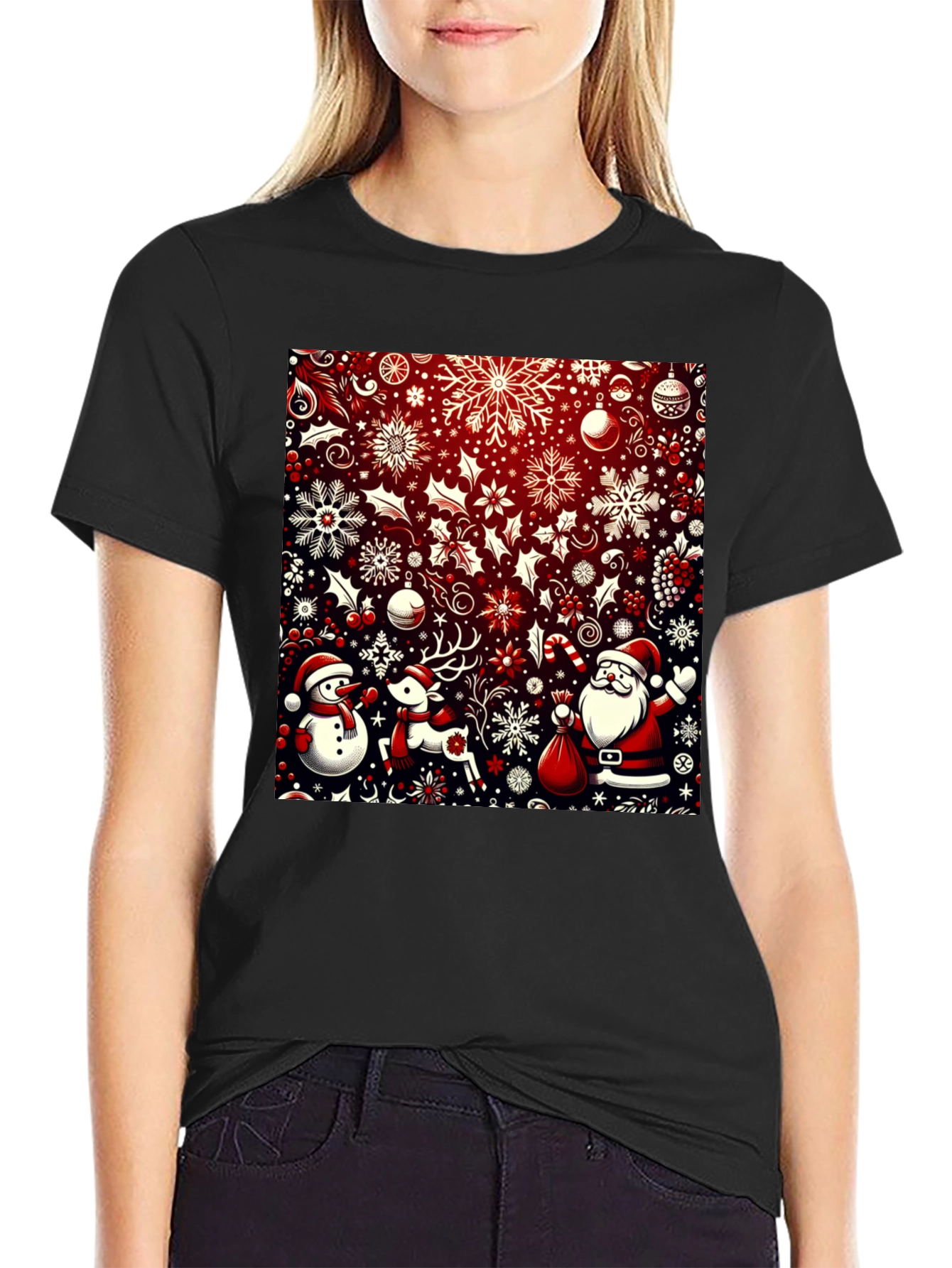 Camiseta Festiva Navideña: Santa Reno y Muñeco de Nieve