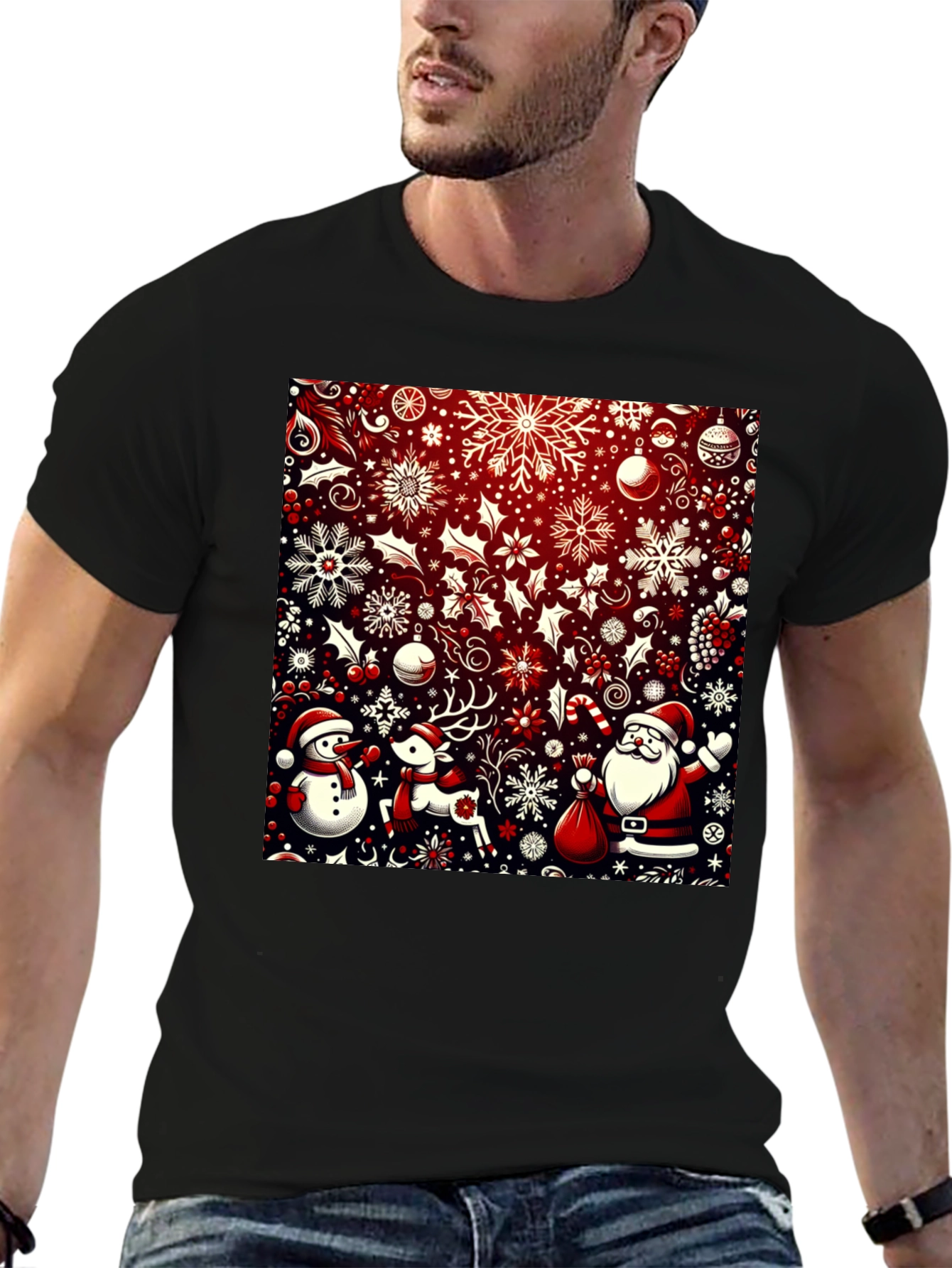 Camiseta Festiva Navideña: Santa Reno y Muñeco de Nieve