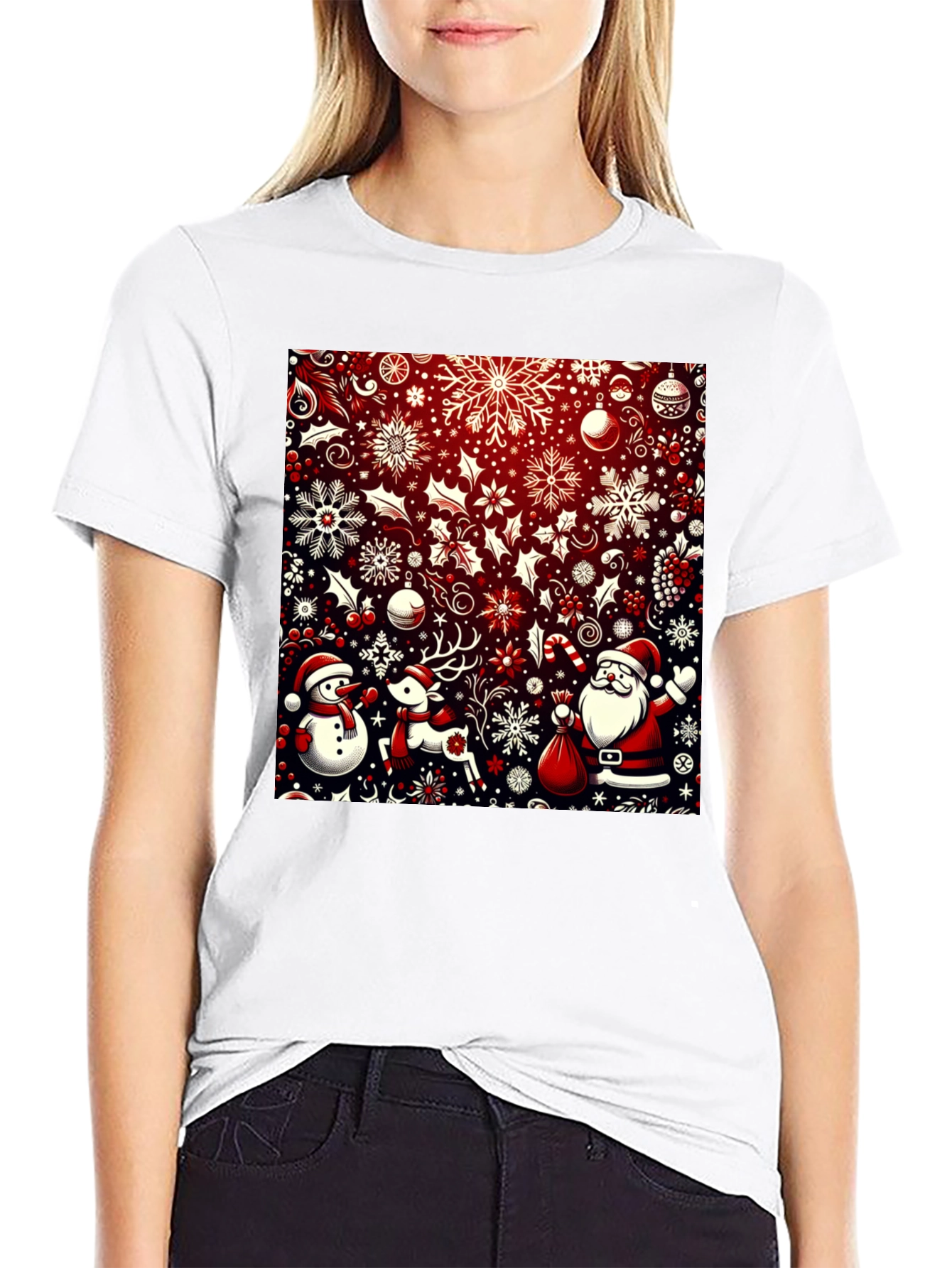 Camiseta Festiva Navideña: Santa Reno y Muñeco de Nieve