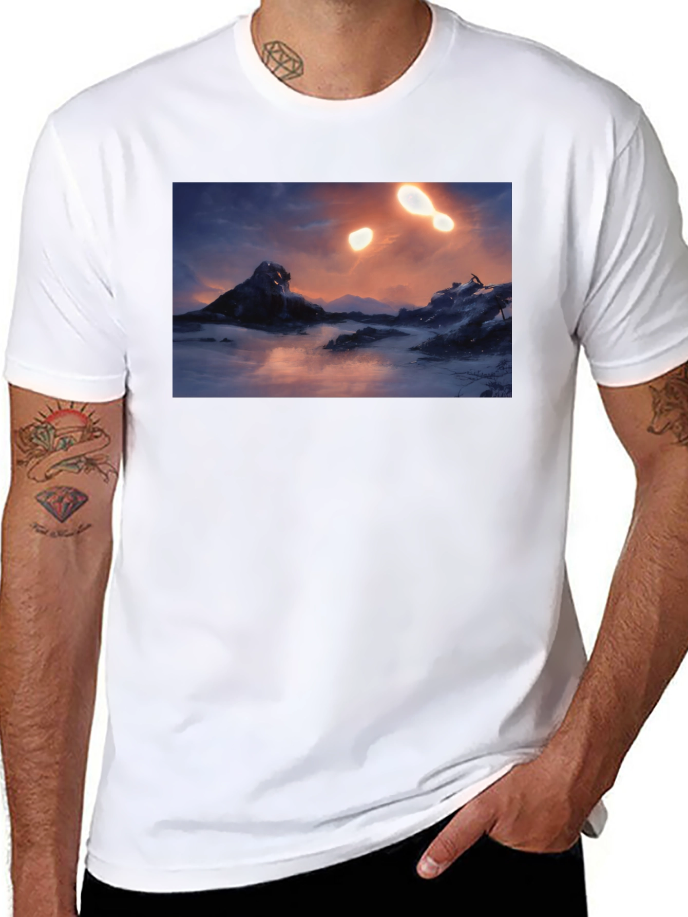Camiseta Negra con Diseño de Paisaje Misterioso