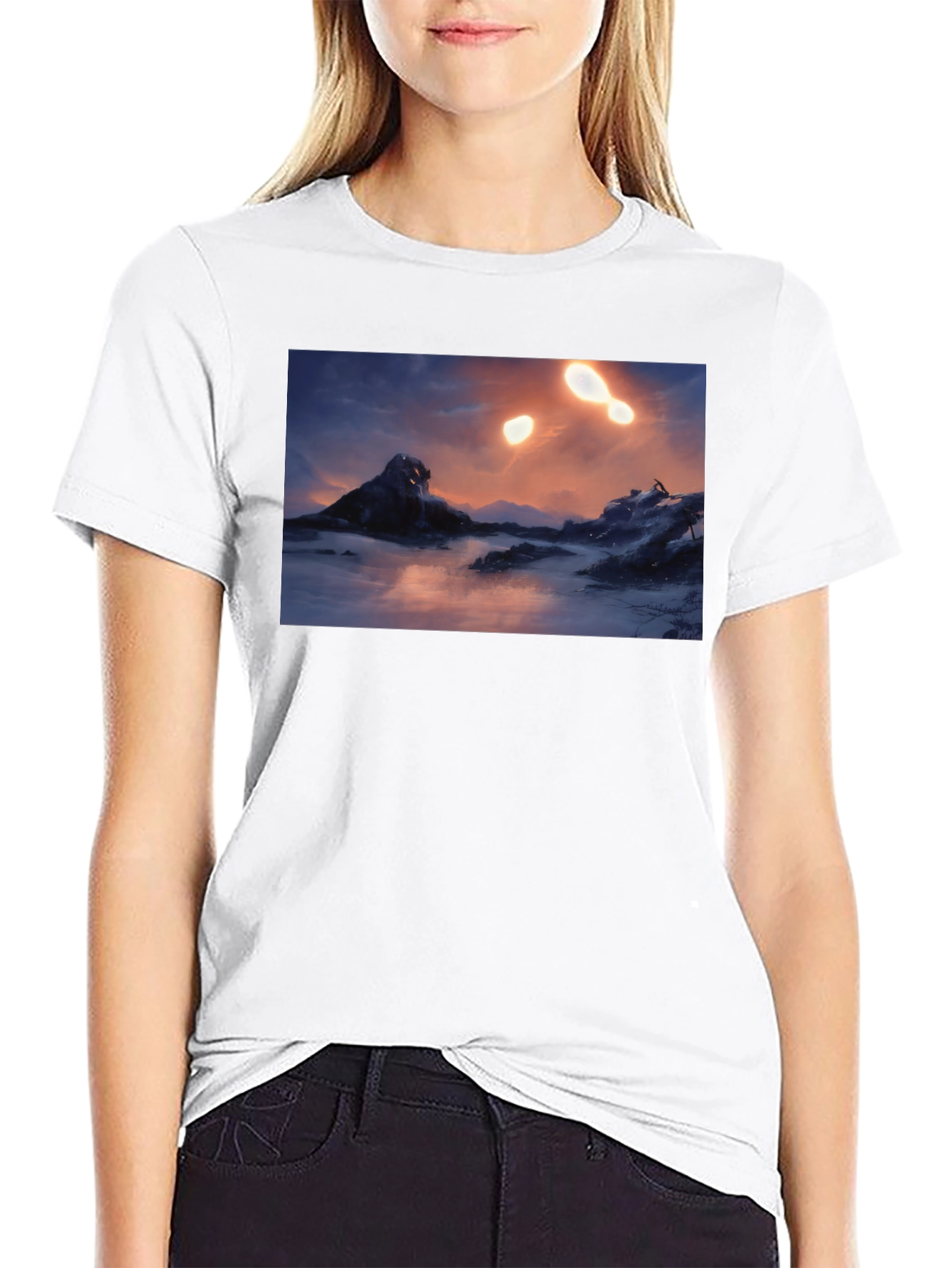 Camiseta Negra con Diseño de Paisaje Misterioso