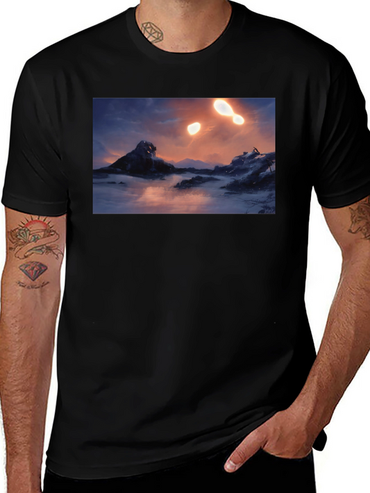 Camiseta Negra con Diseño de Paisaje Misterioso