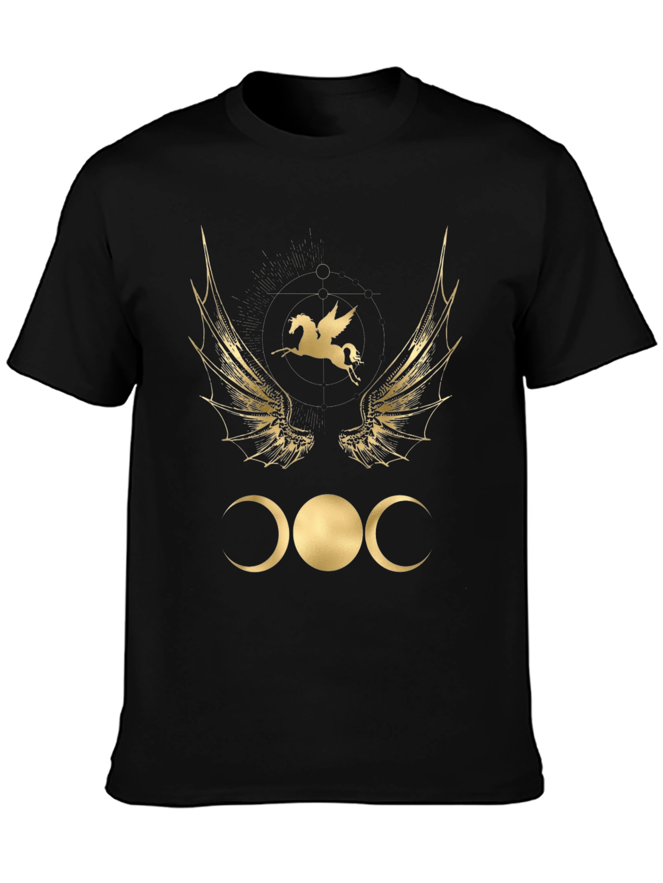 Camiseta Negra con Diseño Místico Dorado