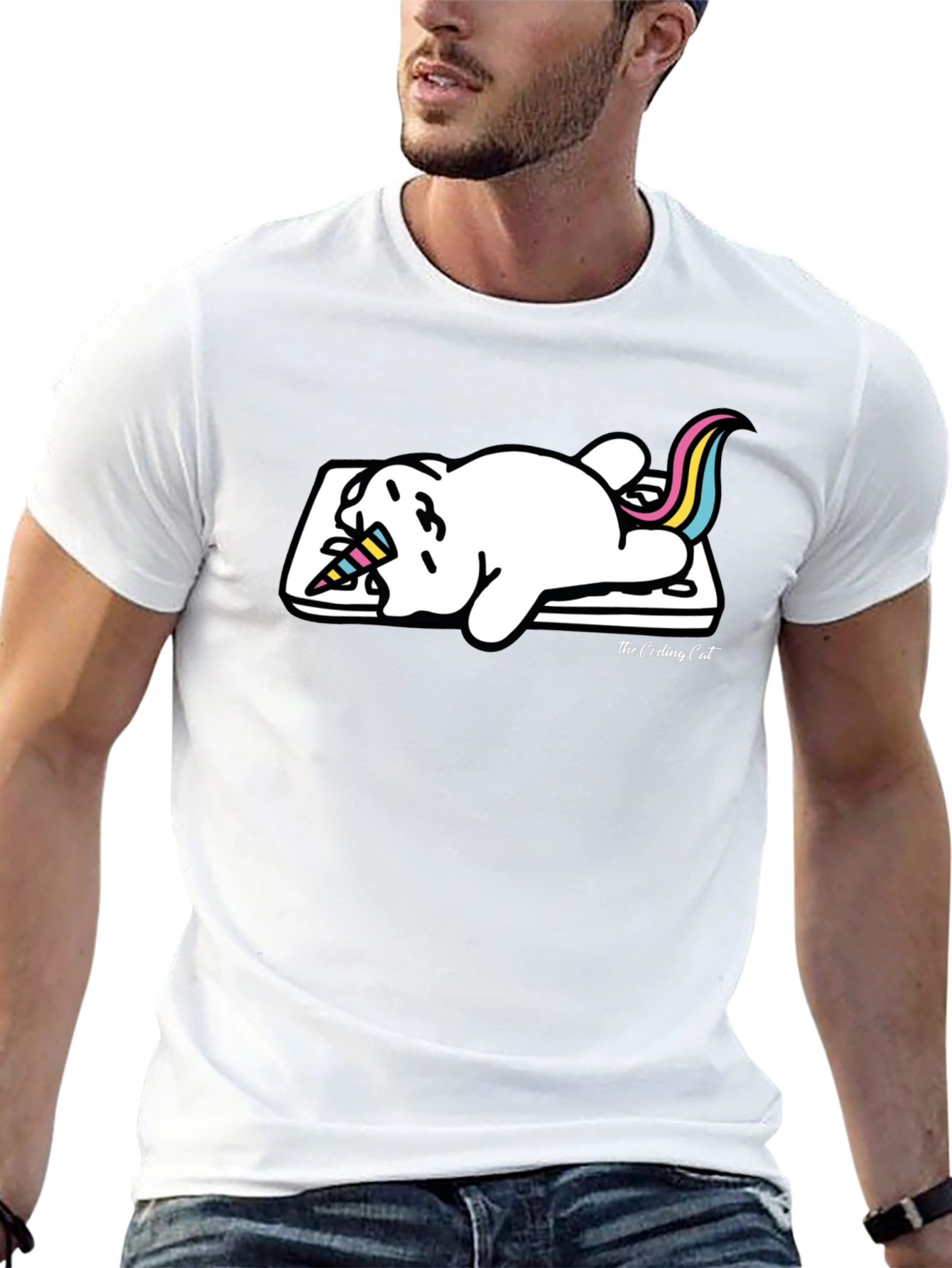 Camiseta Negra Gato Unicornio Durmiendo