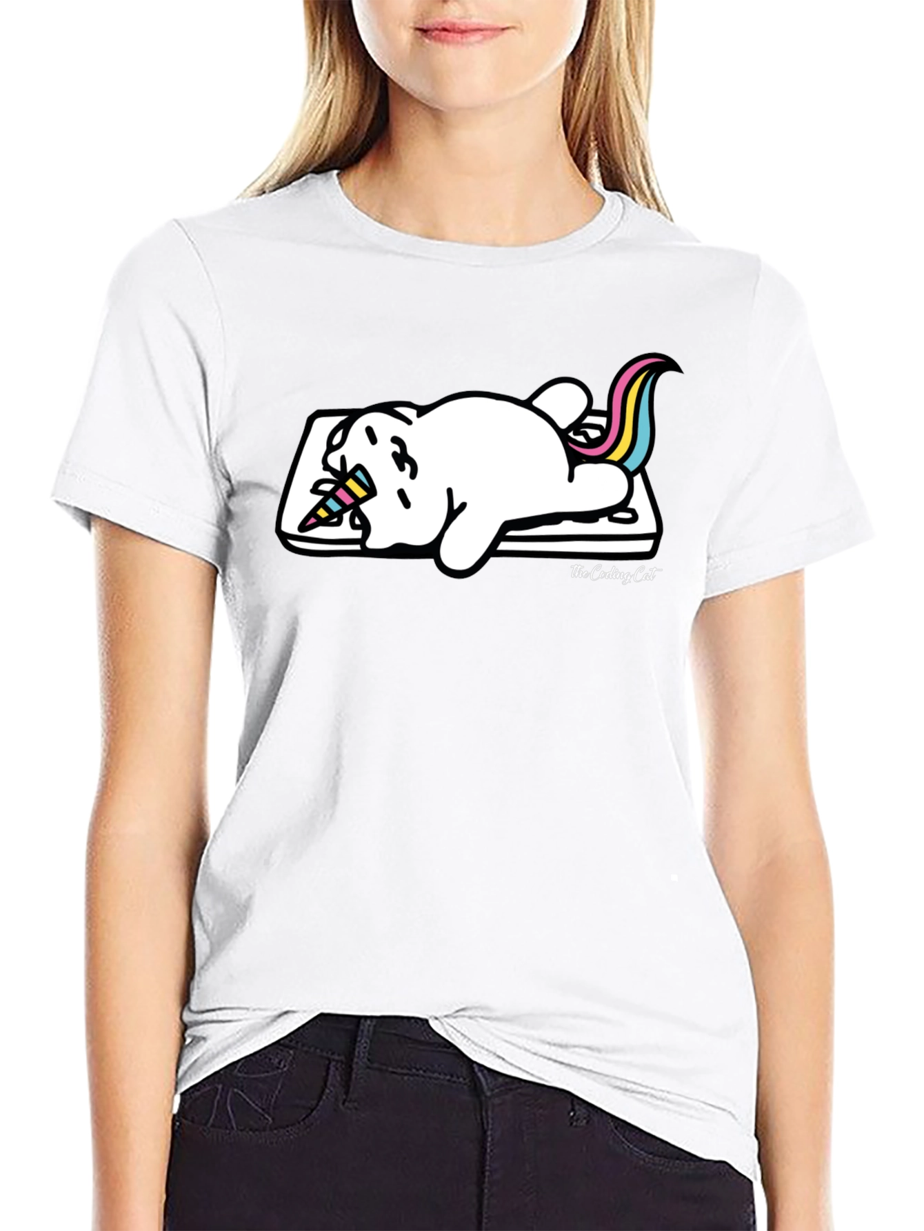 Camiseta Negra Gato Unicornio Durmiendo