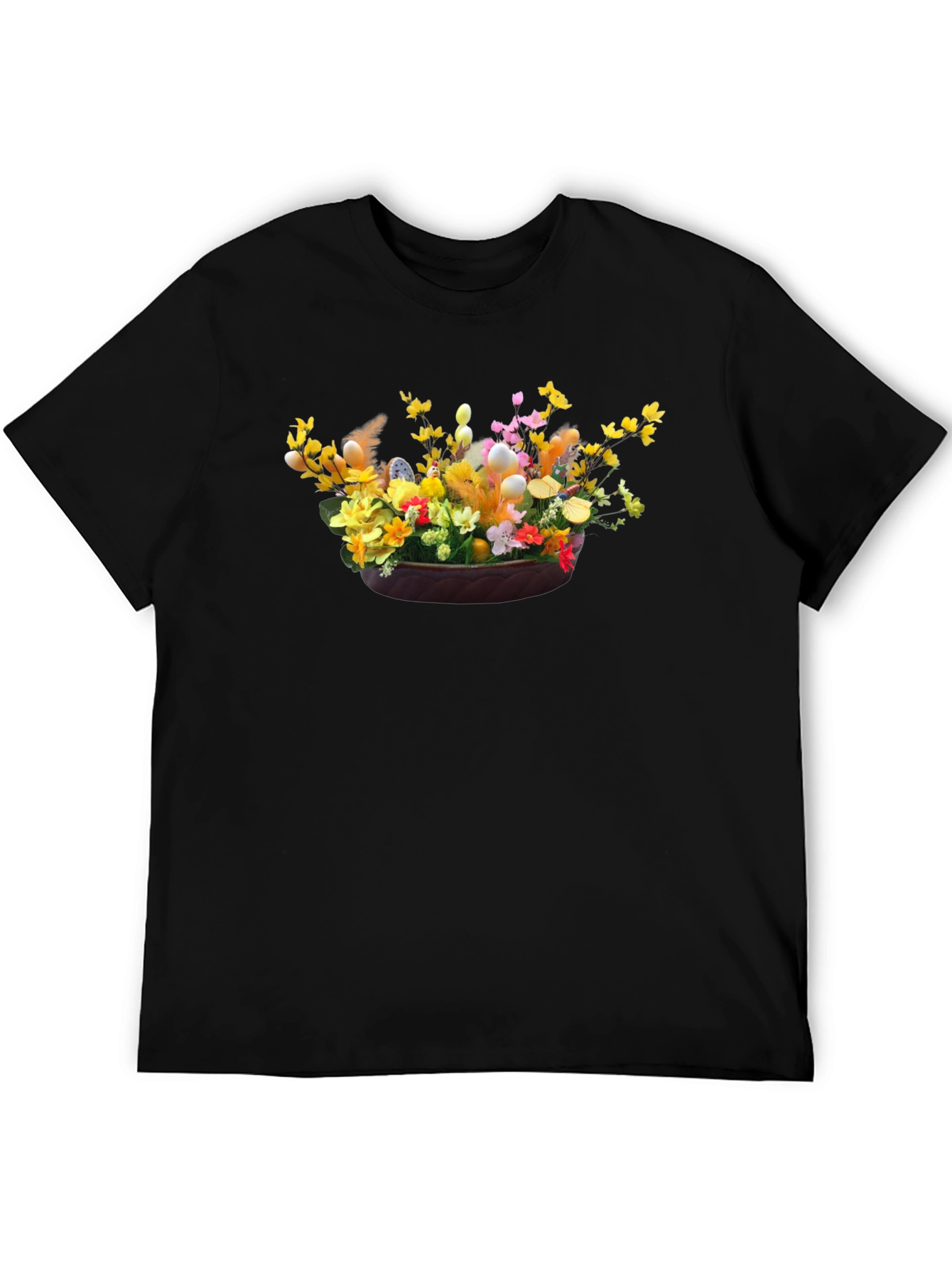 Camiseta Negra con Diseño Floral de Pascua