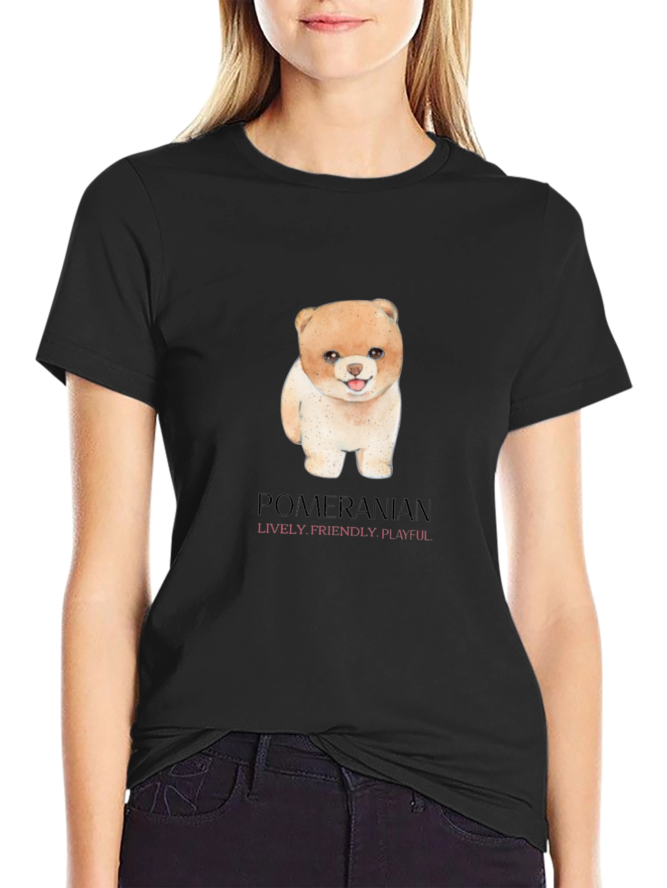 Camiseta Negra con Diseño de Pomerania Adorable